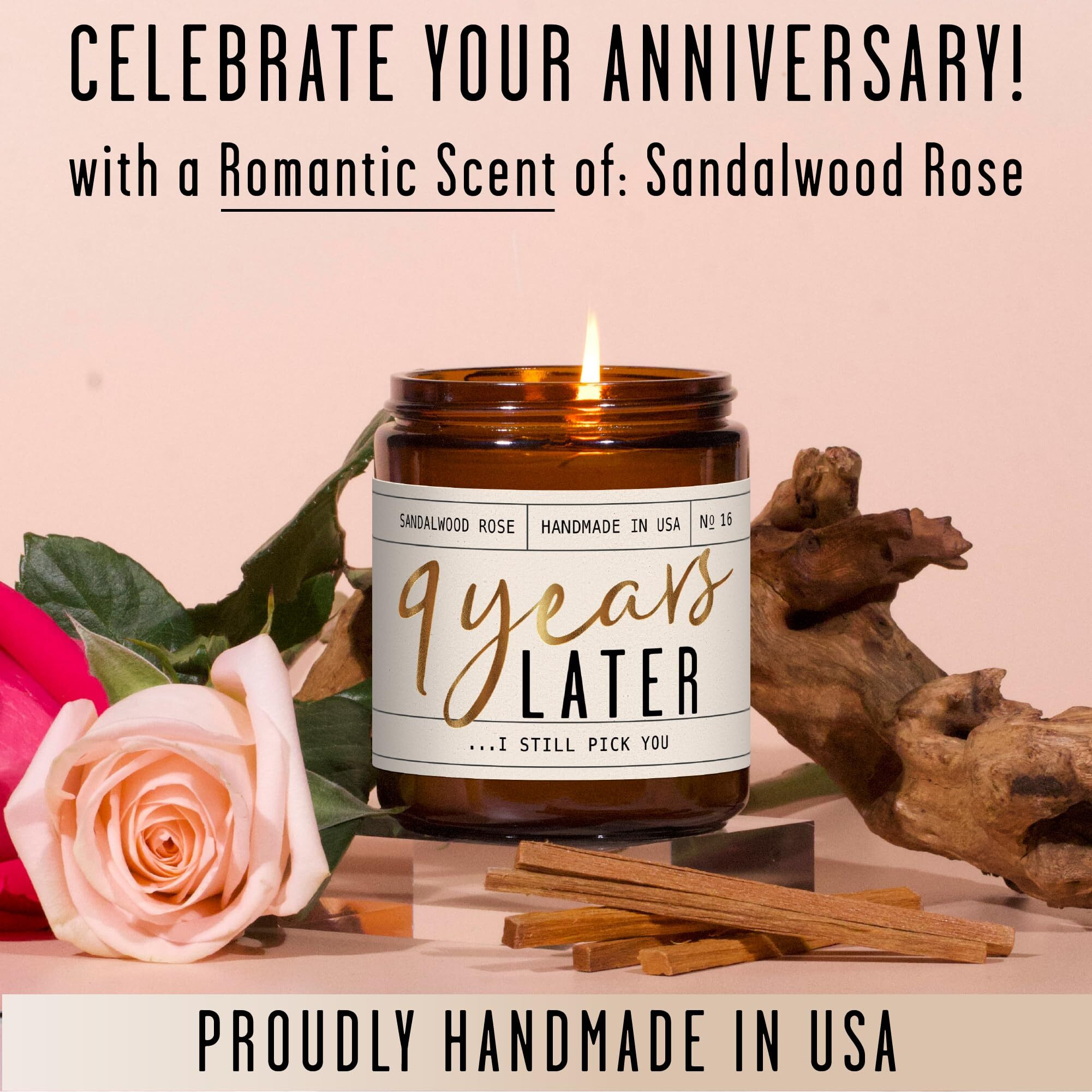 9 Year Anniversary Gifts For Her - '9 Year Later' Candle, W/Sandalwood Rose - Infused W/Essential Oils I 9Th Anniversary Gift I 9 Year Wedding Anniversary Gifts For Wife/Girlfriend I Usa Made