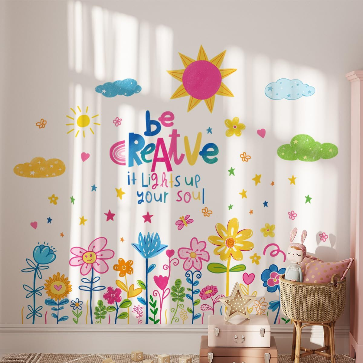 Fufuquare Diy Cute Cartoon Colorful Flower Wall Stickers Sun Cloud And Star Vinyl Wall Decals For Children's Room Bathroom Classroom