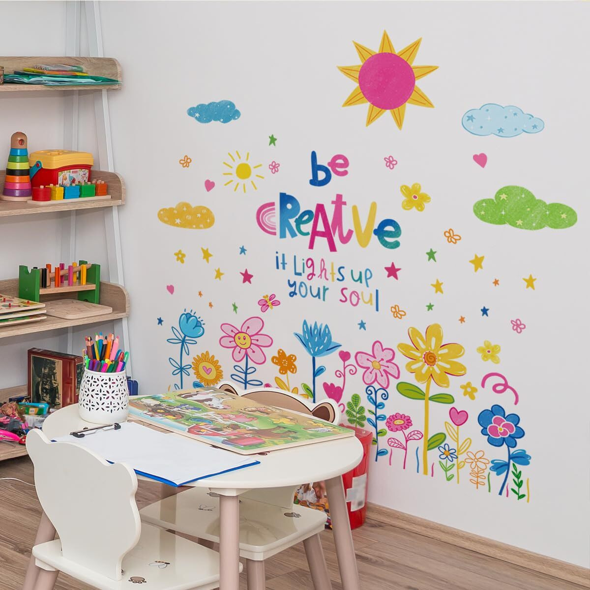 Fufuquare Diy Cute Cartoon Colorful Flower Wall Stickers Sun Cloud And Star Vinyl Wall Decals For Children's Room Bathroom Classroom