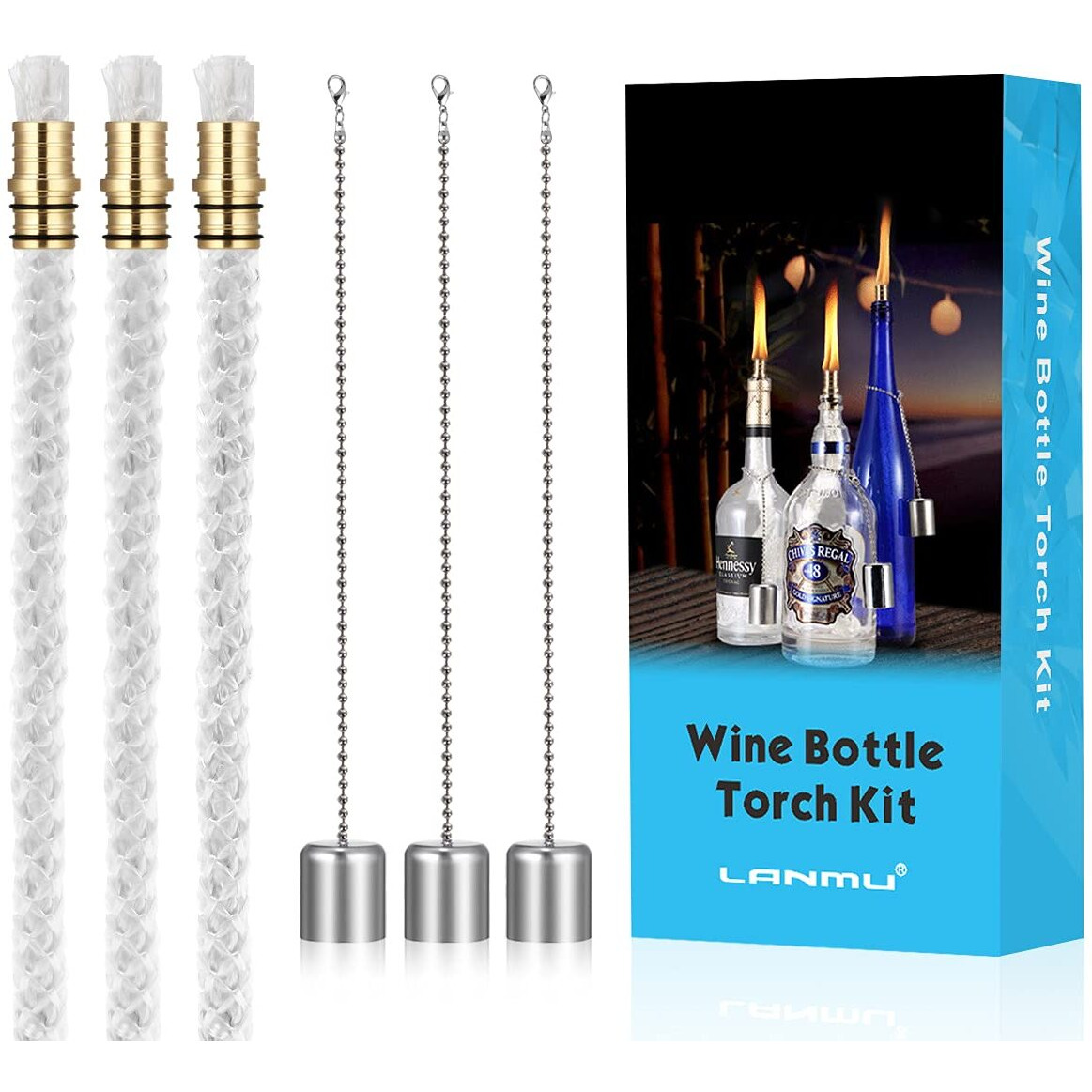 Lanmu Wine Bottle Torch Wicks, Outdoor Patio Backyard Torches Lights, Oil Lamps Replacement Wick Hardware Kit, Diy Homemade Torch Decor (3 Pack)
