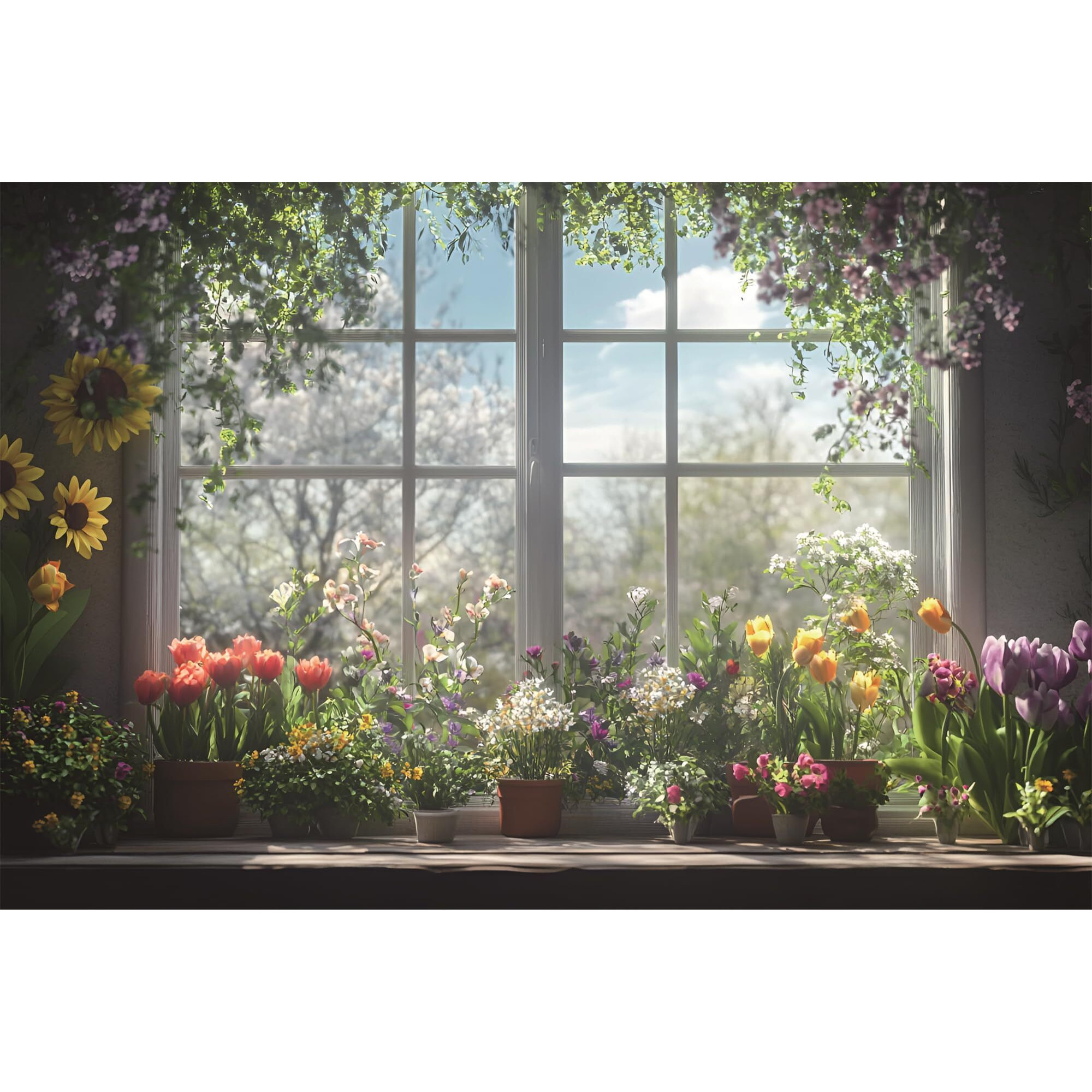 Woohooroo Peel And Stick Fake Window Sunflower Garden Flowers Pot Poster Picture Wall Sticker Decor Self-Adhesive Removable Mural,24"" X 36""