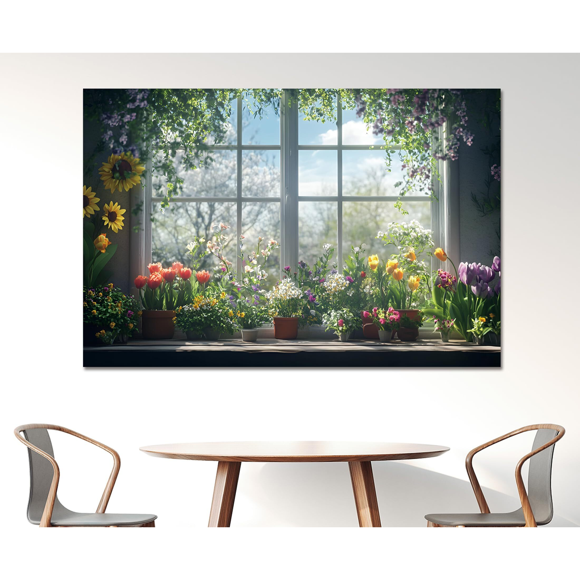 Woohooroo Peel And Stick Fake Window Sunflower Garden Flowers Pot Poster Picture Wall Sticker Decor Self-Adhesive Removable Mural,24"" X 36""