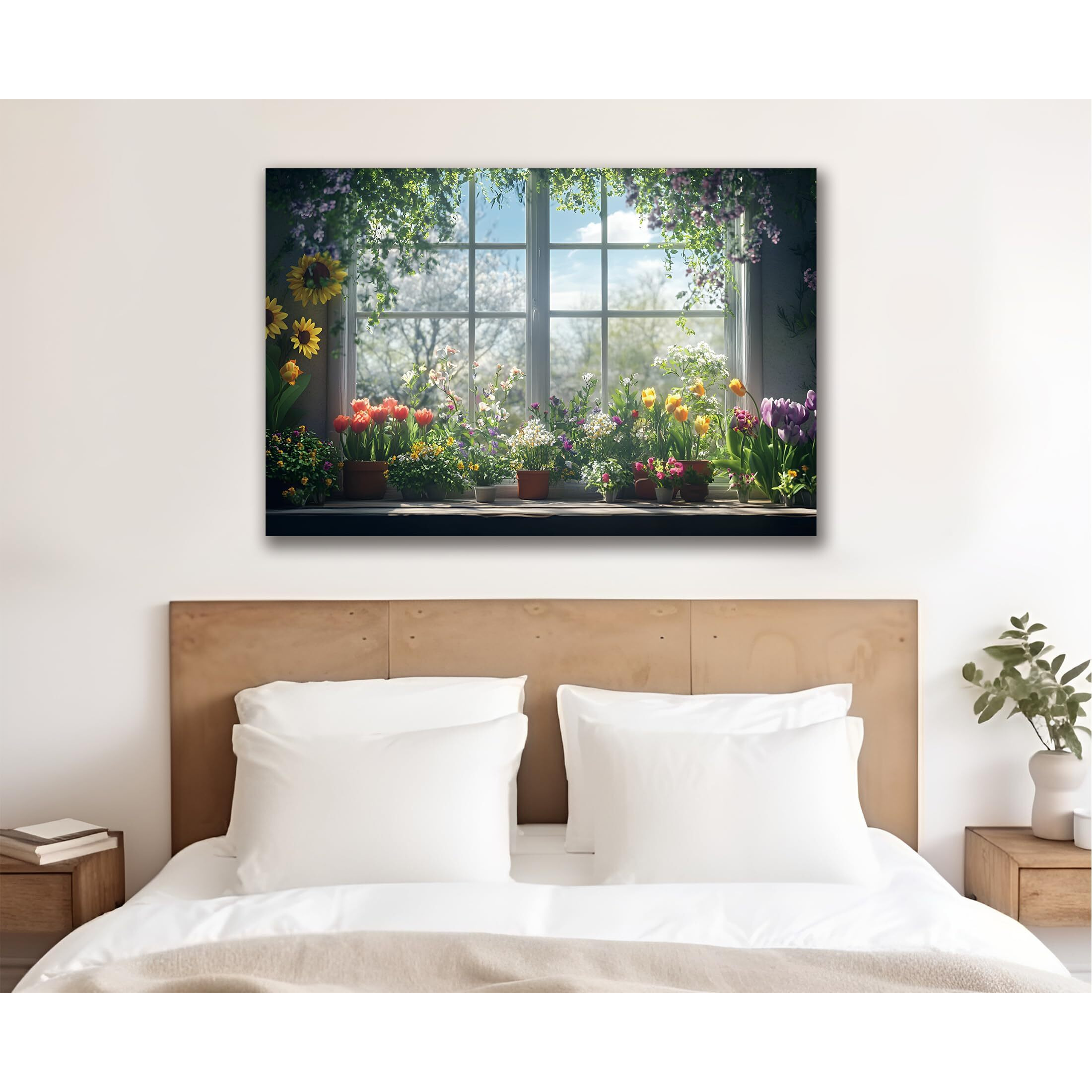 Woohooroo Peel And Stick Fake Window Sunflower Garden Flowers Pot Poster Picture Wall Sticker Decor Self-Adhesive Removable Mural,24"" X 36""