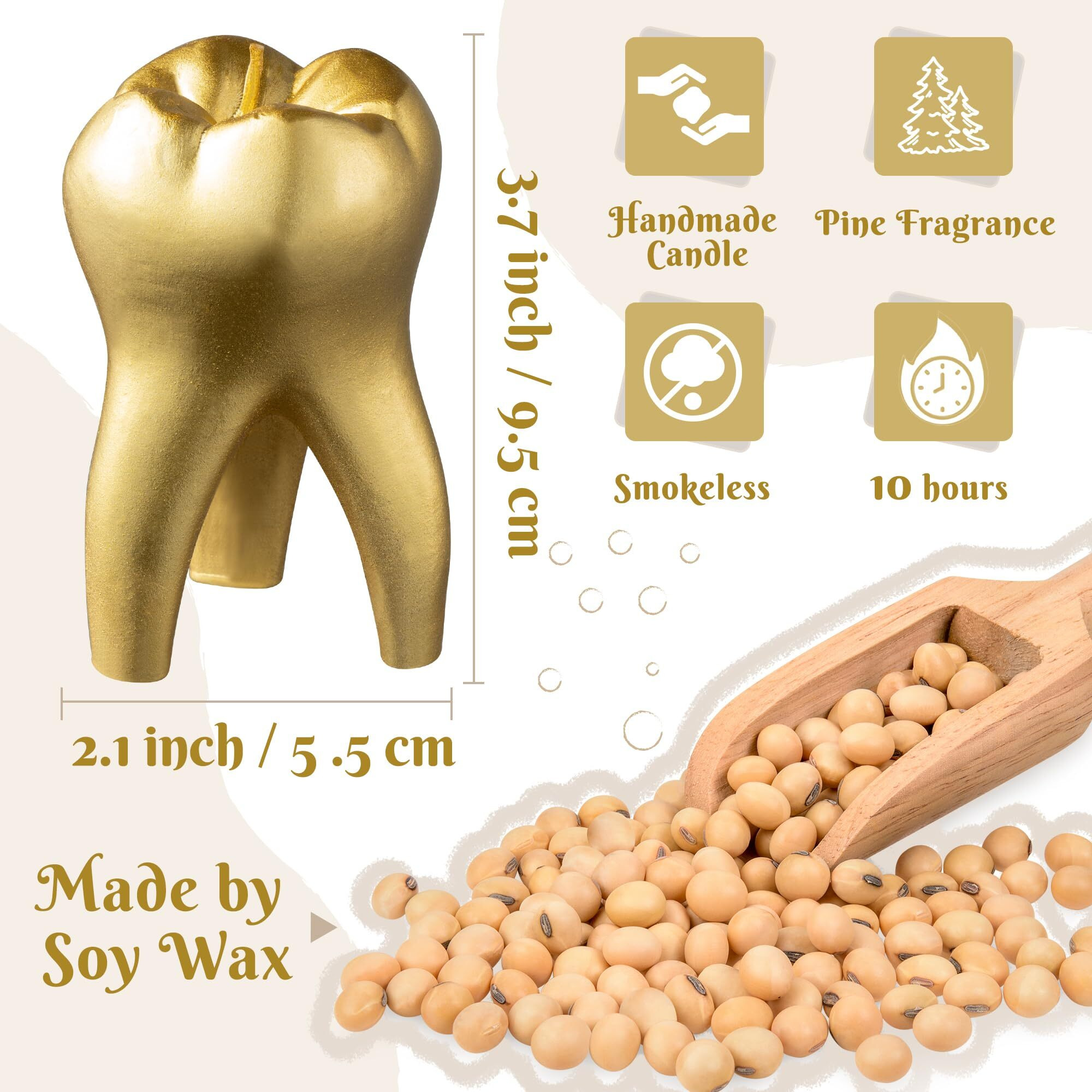Zainpe Tooth Scented Candle Gold Dental Room Aesthetic Decor Pine Fragrance Long Lasting Candle Handmade Natural Soy Wax Aromatherapy Candle For Dentist Clinic Party Supplies Gift 3.7 X 2.1 In