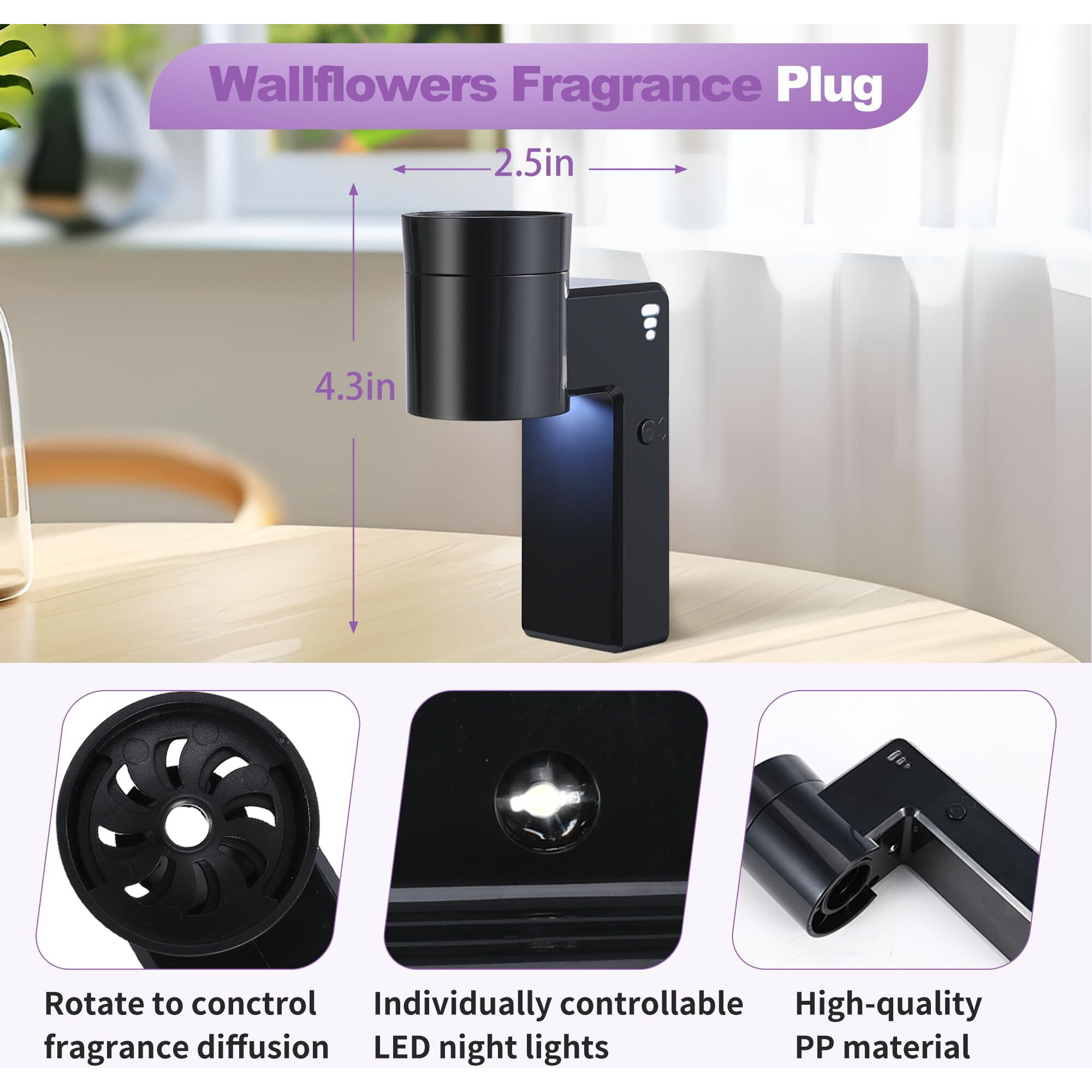 2 Pcs Wall Fragrance Plug In With Night Light Compatible With Bath And Body Works Wallflowers Plug, With 3-Speed Adjustable Fragrance Diffuser Plug, Essential Oil Diffuser For Room,Toilet, Etc, Black