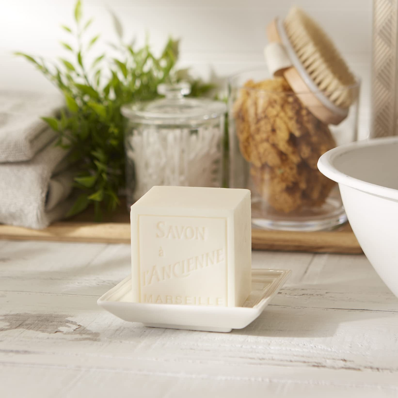 Pre De Provence Marseille Olive Oil Ceramic Soap Dish, Keeps Bar Dry And Protects Countertops, 4.3"" Square