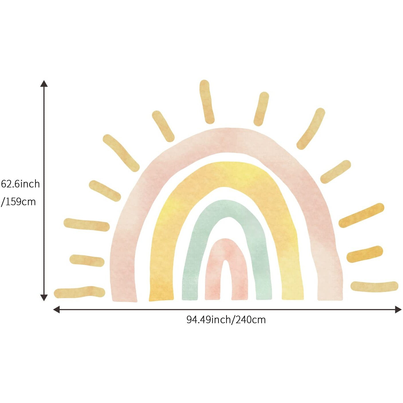 Astrkiz Large Fabric Watercolor Boho Half Sun Wall Decals Peel And Stick, Rainbow Wall Murals Stickers, Pastel Sunrise Wall Art Decor For Kids Room Playroom Nursery Bedroom, 94.49"" X 62.60""