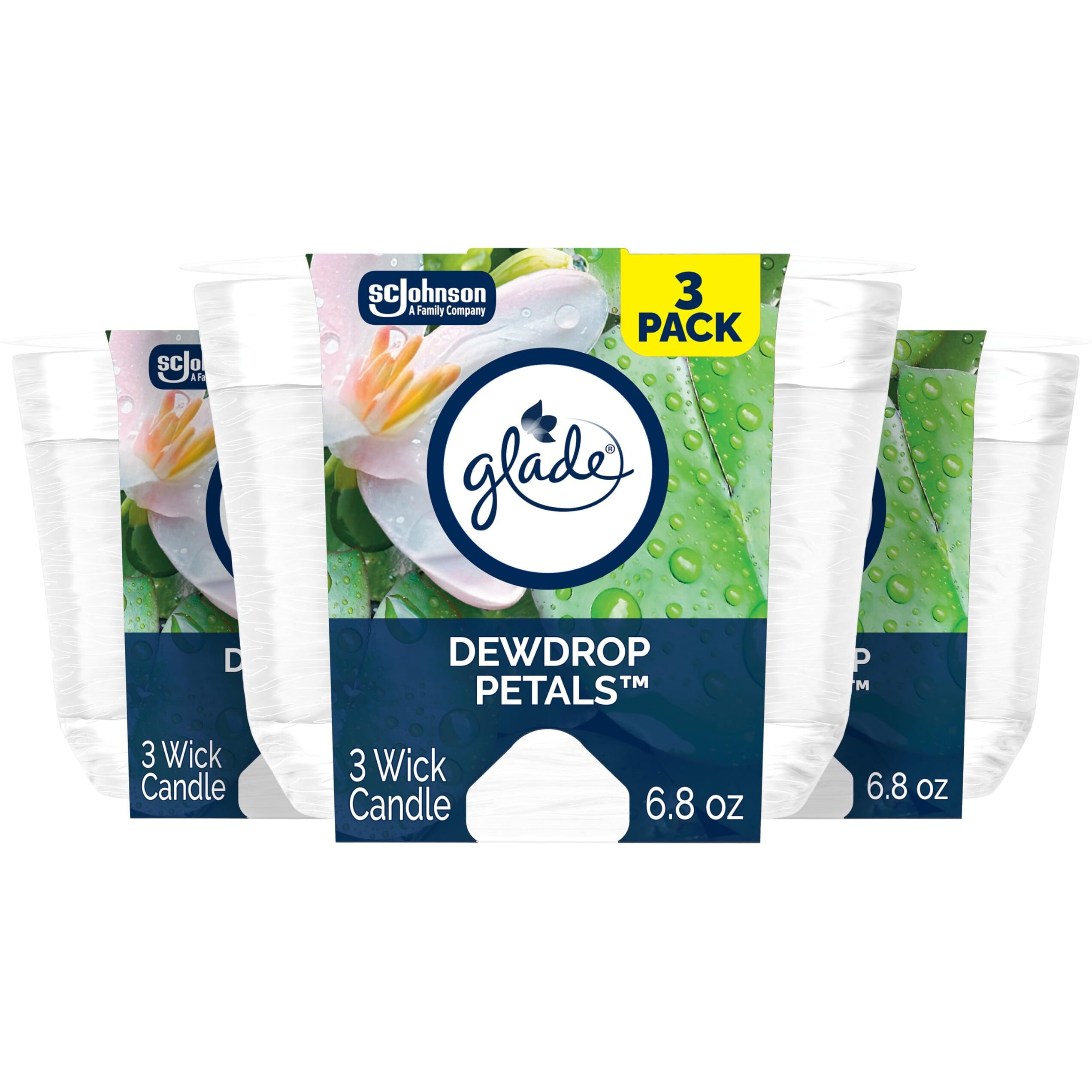 Glade 3-Wick Scented Candle Jar, Dewdrop Petals, Air Freshener Infused With Essential Oils, 6.8 Oz, 3 Count