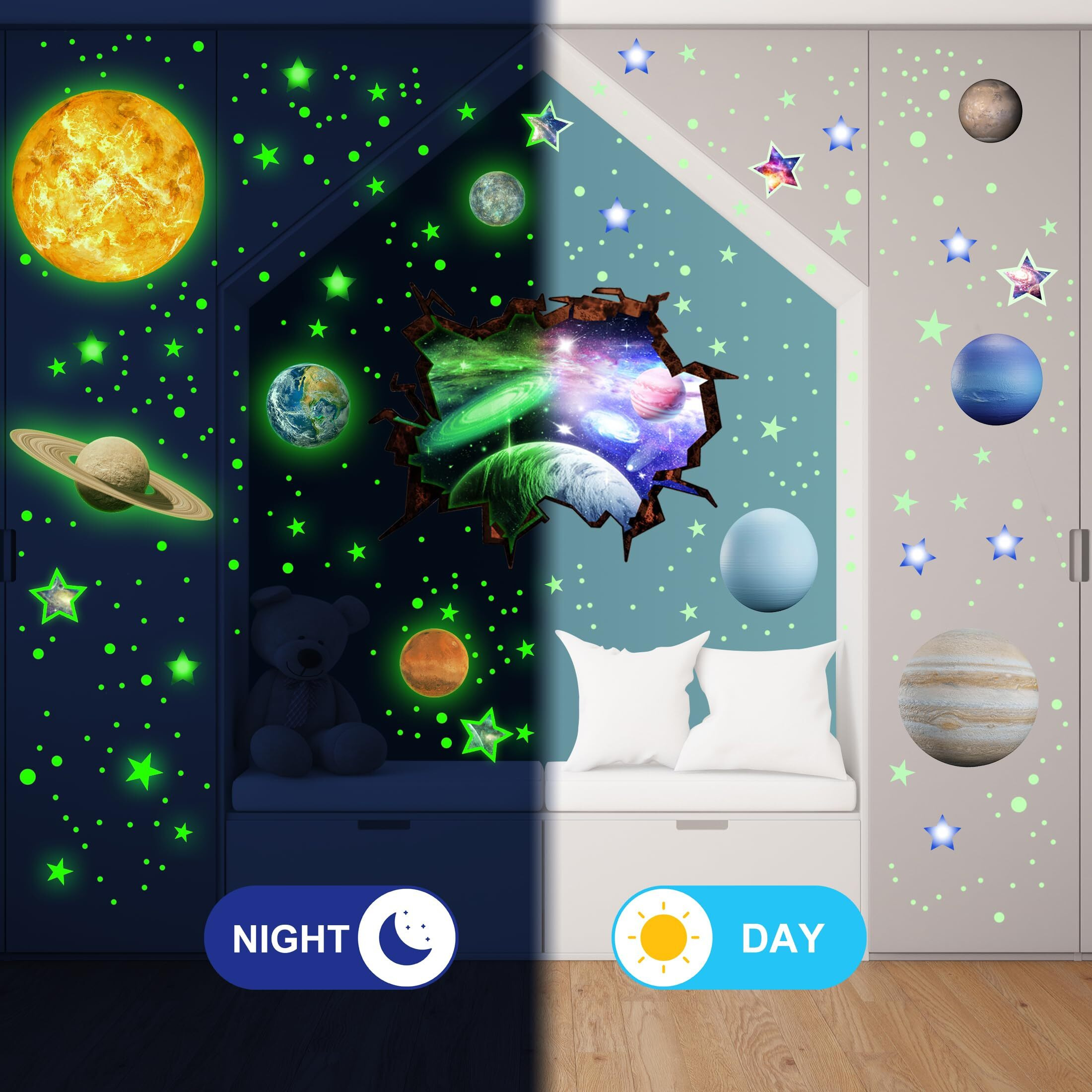 Robmoda Stars And Planets Wall Decals Glow In The Dark, Sun Solar System Stickers For Ceiling, Space Wall Sticker For Kids Room (Green)
