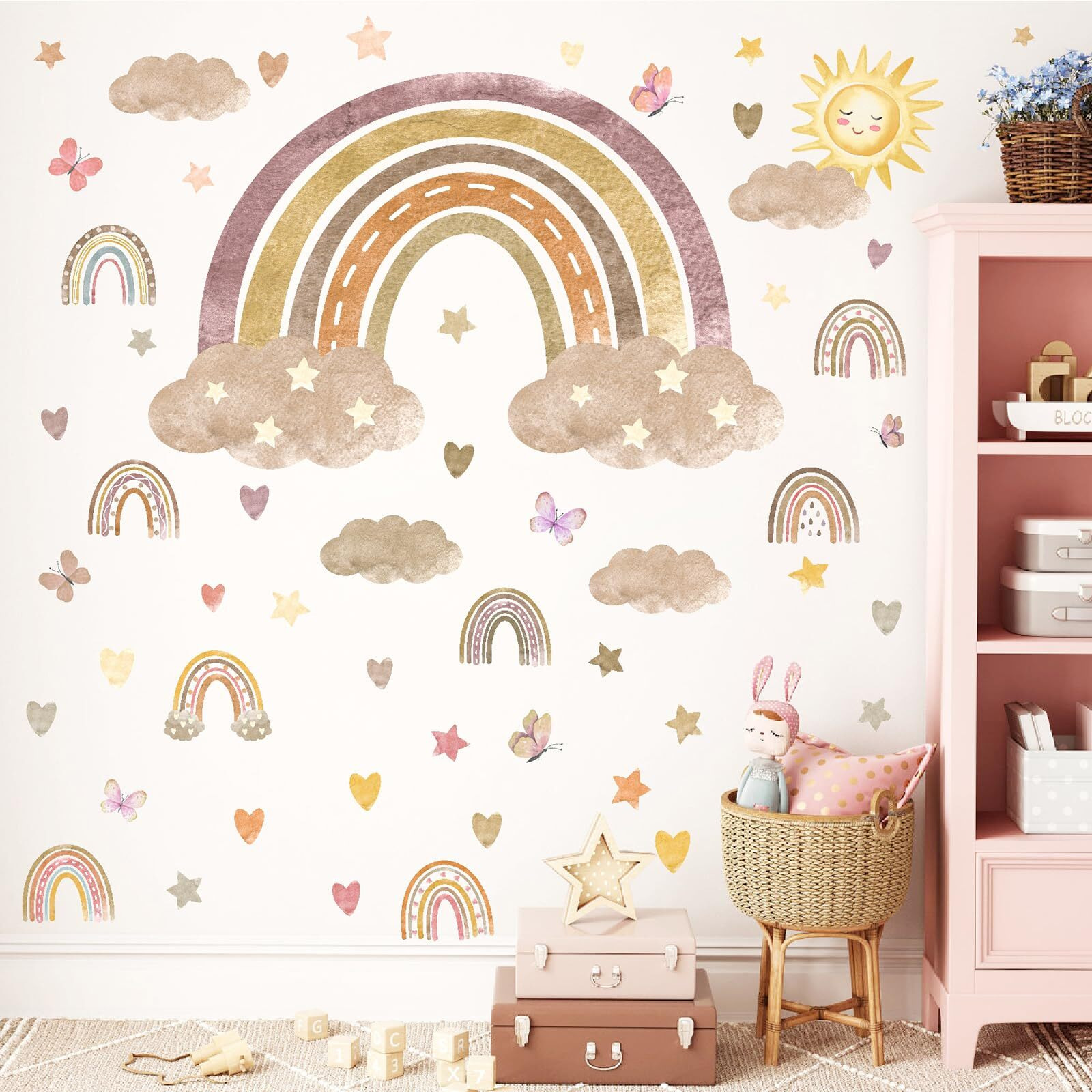 Boho Rainbow Wall Decals Peel And Stick Large Rianbow Sun Cloud Wall Stickers Cute Heart Star Butterfly Small Rainbow Wall Stickers For Girls Bedroom Nursery Classroom Kids Room Decor