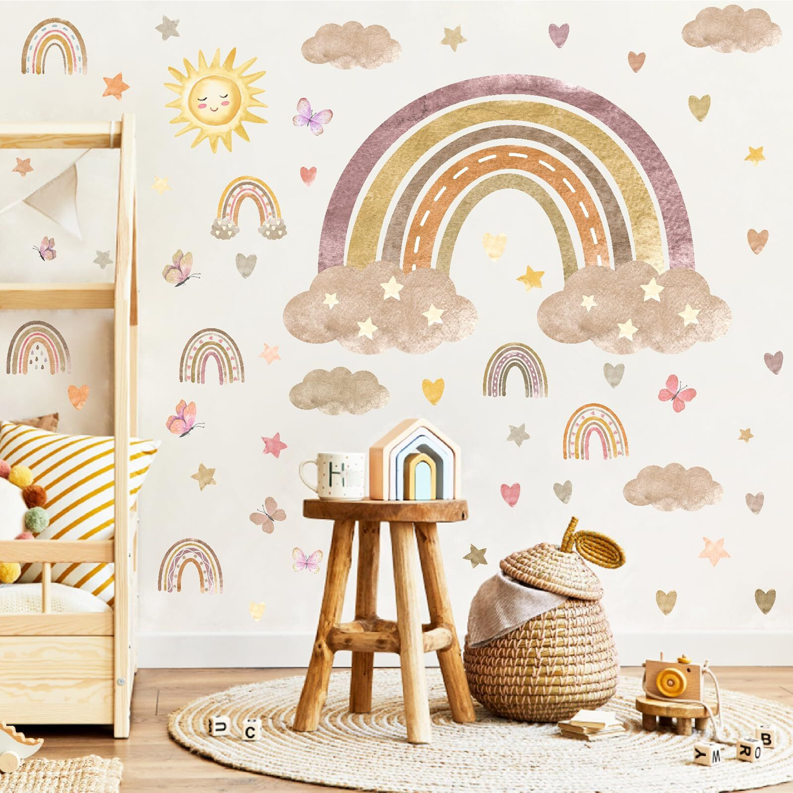 Boho Rainbow Wall Decals Peel And Stick Large Rianbow Sun Cloud Wall Stickers Cute Heart Star Butterfly Small Rainbow Wall Stickers For Girls Bedroom Nursery Classroom Kids Room Decor
