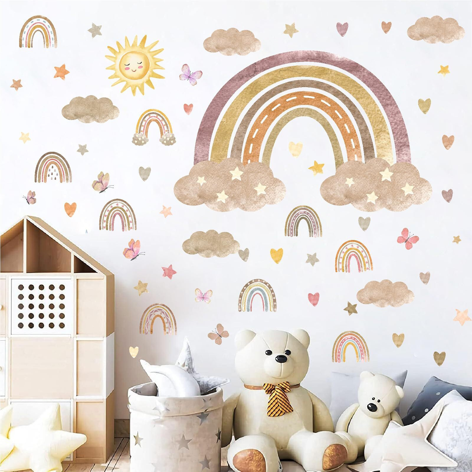 Boho Rainbow Wall Decals Peel And Stick Large Rianbow Sun Cloud Wall Stickers Cute Heart Star Butterfly Small Rainbow Wall Stickers For Girls Bedroom Nursery Classroom Kids Room Decor