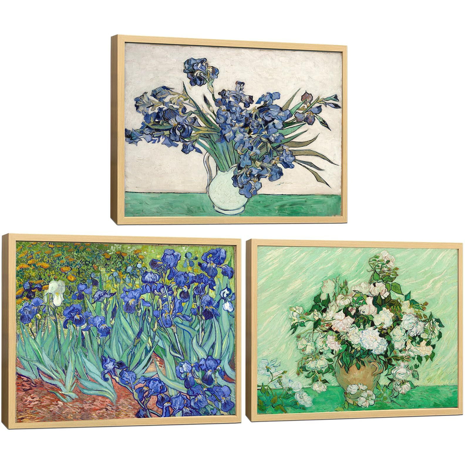 Irises By Vincent Van Gogh Oil Painting - Roses Artwork Canvas Print Floral Wall Art Picture With Natural Wood Framed For Bedroom, Bathroom, Office Decor - 16"&quotX24"&quotX3 Piece