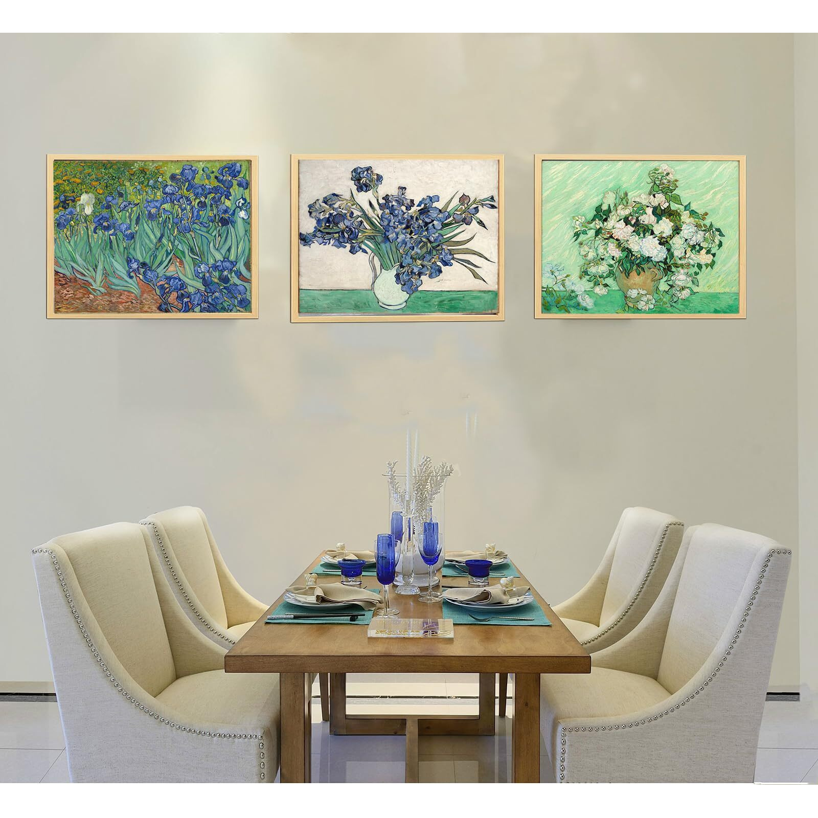 Irises By Vincent Van Gogh Oil Painting - Roses Artwork Canvas Print Floral Wall Art Picture With Natural Wood Framed For Bedroom, Bathroom, Office Decor - 16"&quotX24"&quotX3 Piece