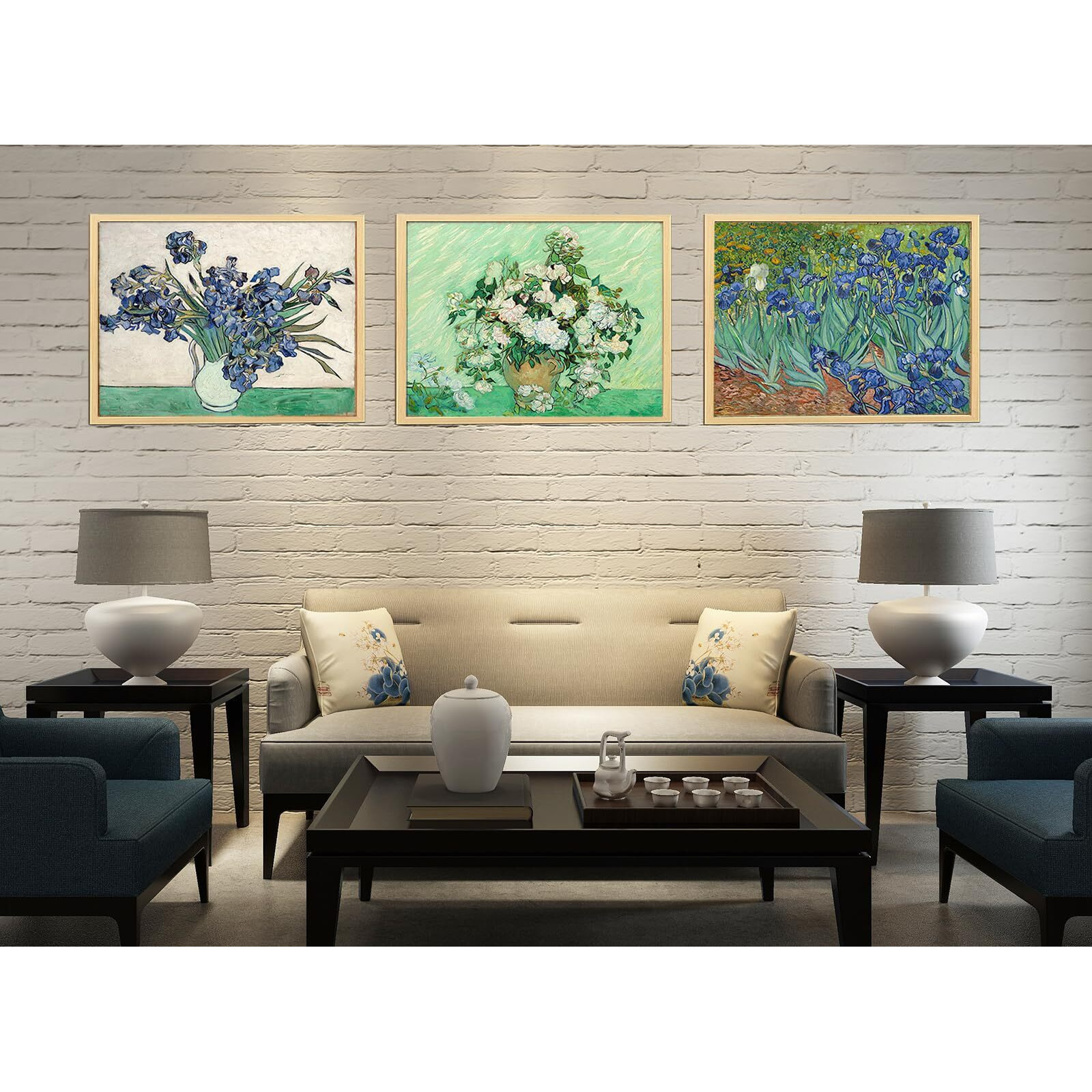 Irises By Vincent Van Gogh Oil Painting - Roses Artwork Canvas Print Floral Wall Art Picture With Natural Wood Framed For Bedroom, Bathroom, Office Decor - 16"&quotX24"&quotX3 Piece
