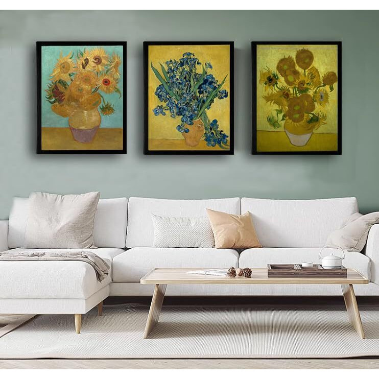 Black Framed Sunflower And Irises By Vincent Van Gogh Oil Paintings Reproduction Modern Floral Canvas Prints Artwork Flowers Pictures Canvas Wall Art For Bedroom Wall Decor
