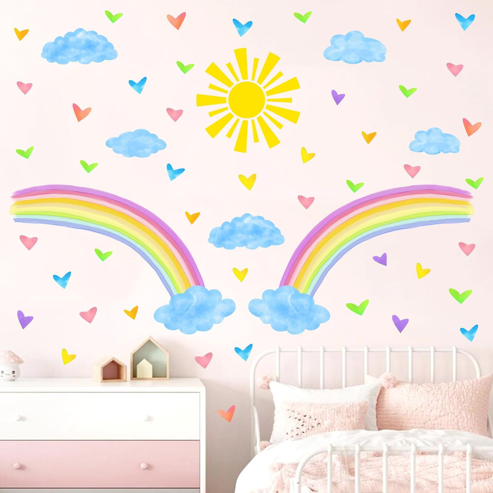 Colorful Rainbow Wall Stickers Watercolor Sun Clouds Wall Decals Cute Hearts Stickers For Girls Removable Peel And Stick Large Rainbow Decals For Girls Kids Room Nursery Classroom Decor