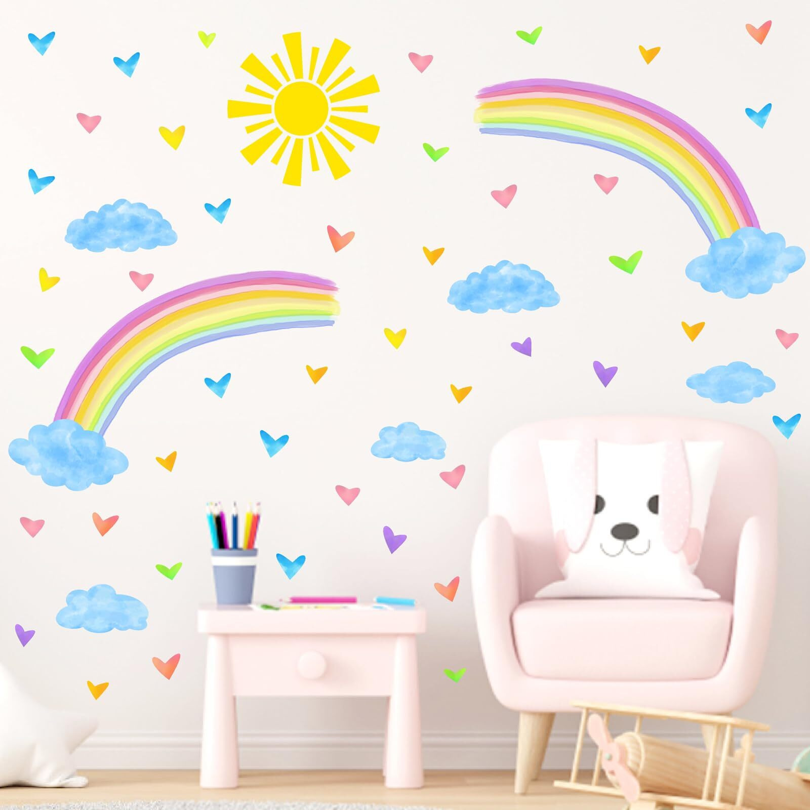 Colorful Rainbow Wall Stickers Watercolor Sun Clouds Wall Decals Cute Hearts Stickers For Girls Removable Peel And Stick Large Rainbow Decals For Girls Kids Room Nursery Classroom Decor