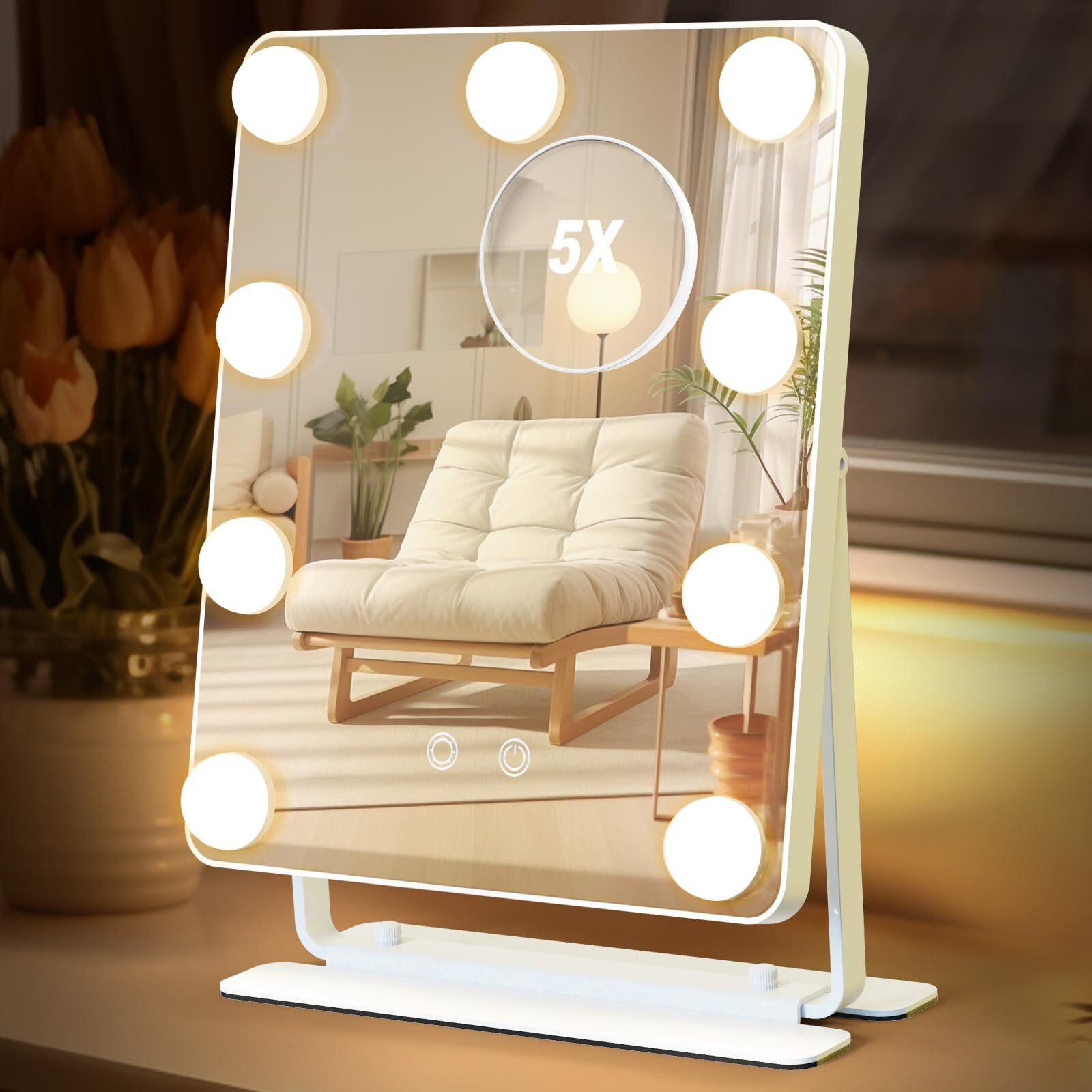Banbers Hollywood Vanity Mirrors With Lights 10"" X 14"" Lighted Makeup Mirror 9 Led Bulbs, Touch Control Led Mirror 3 Colors Light, 360 Degree Rotation Facial Mirror For Bedroom,Tabletop