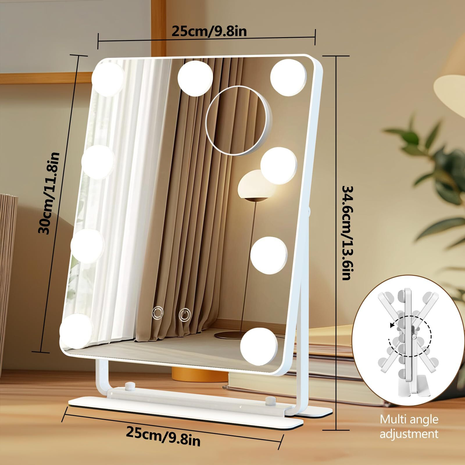 Banbers Hollywood Vanity Mirrors With Lights 10"" X 14"" Lighted Makeup Mirror 9 Led Bulbs, Touch Control Led Mirror 3 Colors Light, 360 Degree Rotation Facial Mirror For Bedroom,Tabletop