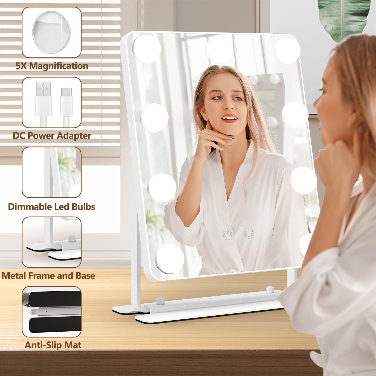 Banbers Hollywood Vanity Mirrors With Lights 10"" X 14"" Lighted Makeup Mirror 9 Led Bulbs, Touch Control Led Mirror 3 Colors Light, 360 Degree Rotation Facial Mirror For Bedroom,Tabletop