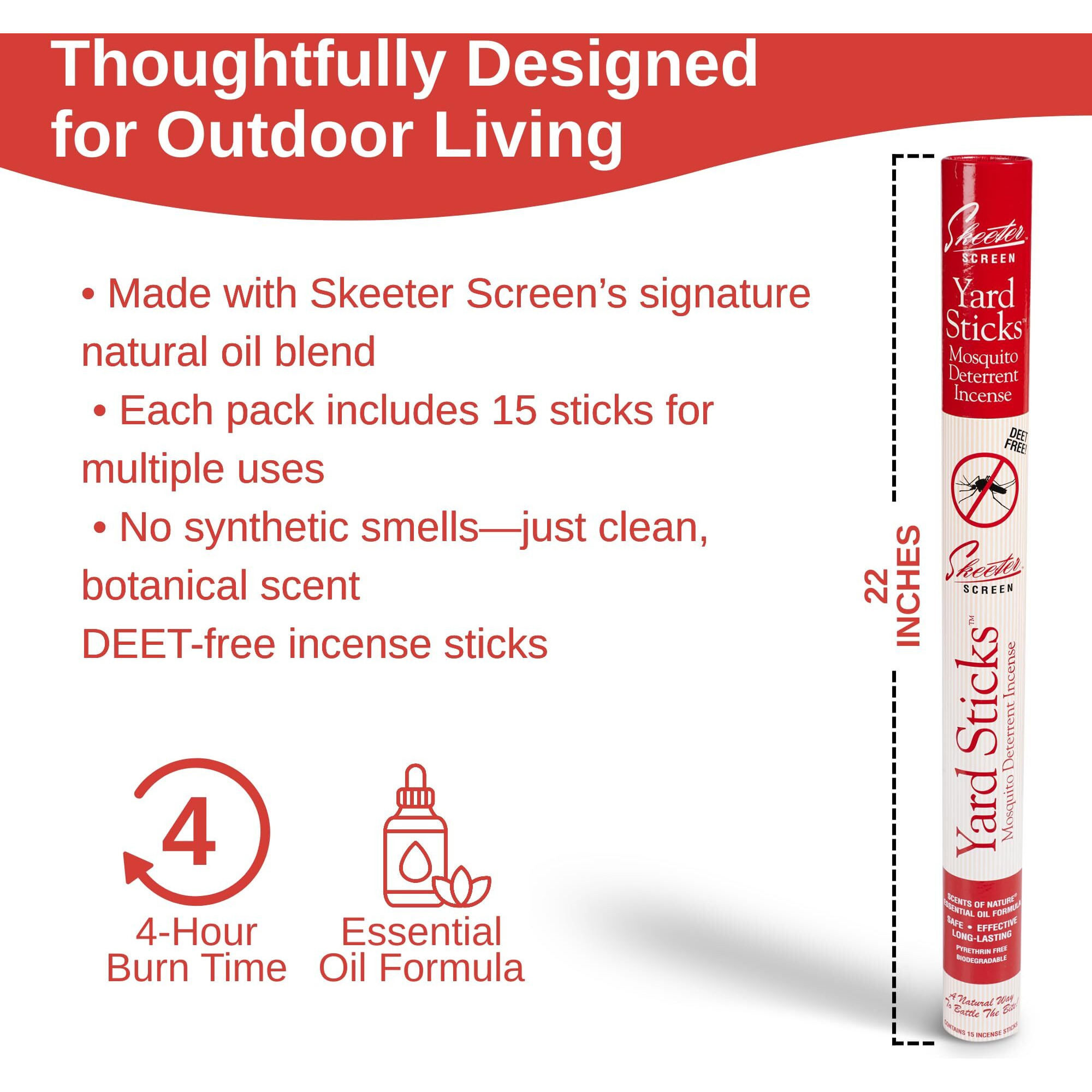 Skeeter Screen 61204R Mosquito Deterrent Incense Sticks - Deet-Free Essential Oil Formula - 15 Count - Each Stick Lasts Up To 4 Hours - 22"" Long - Outdoor Use For Patios & Gardens