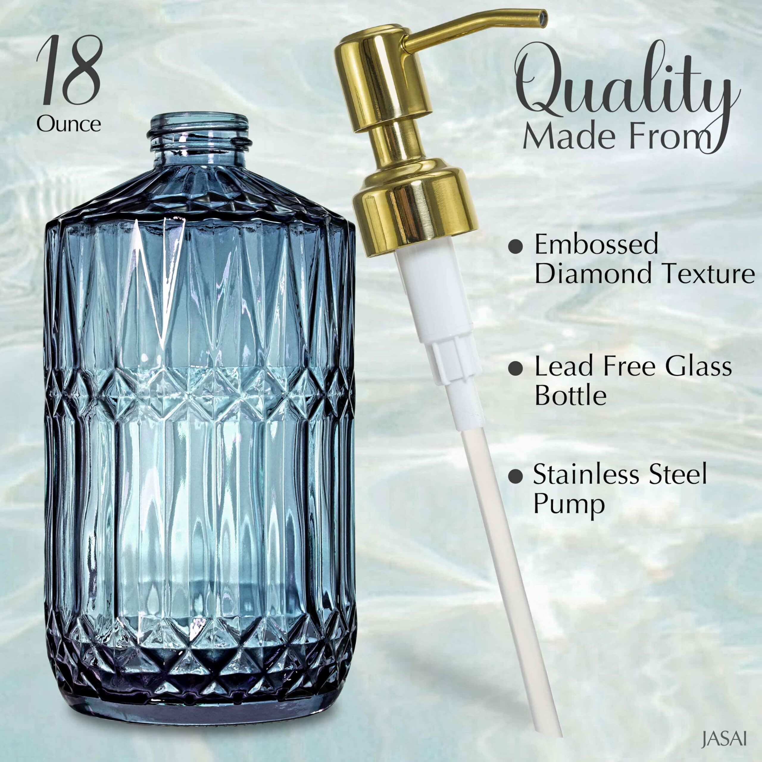 Jasai 18Oz Blue Glass Soap Dispenser With Golden Pump, Refillable Bathroom Soap Dispenser With Thick Glass, Clear Kitchen Soap Dispenser For Dish Soap, Hand Soap, Lotion.(Blue)