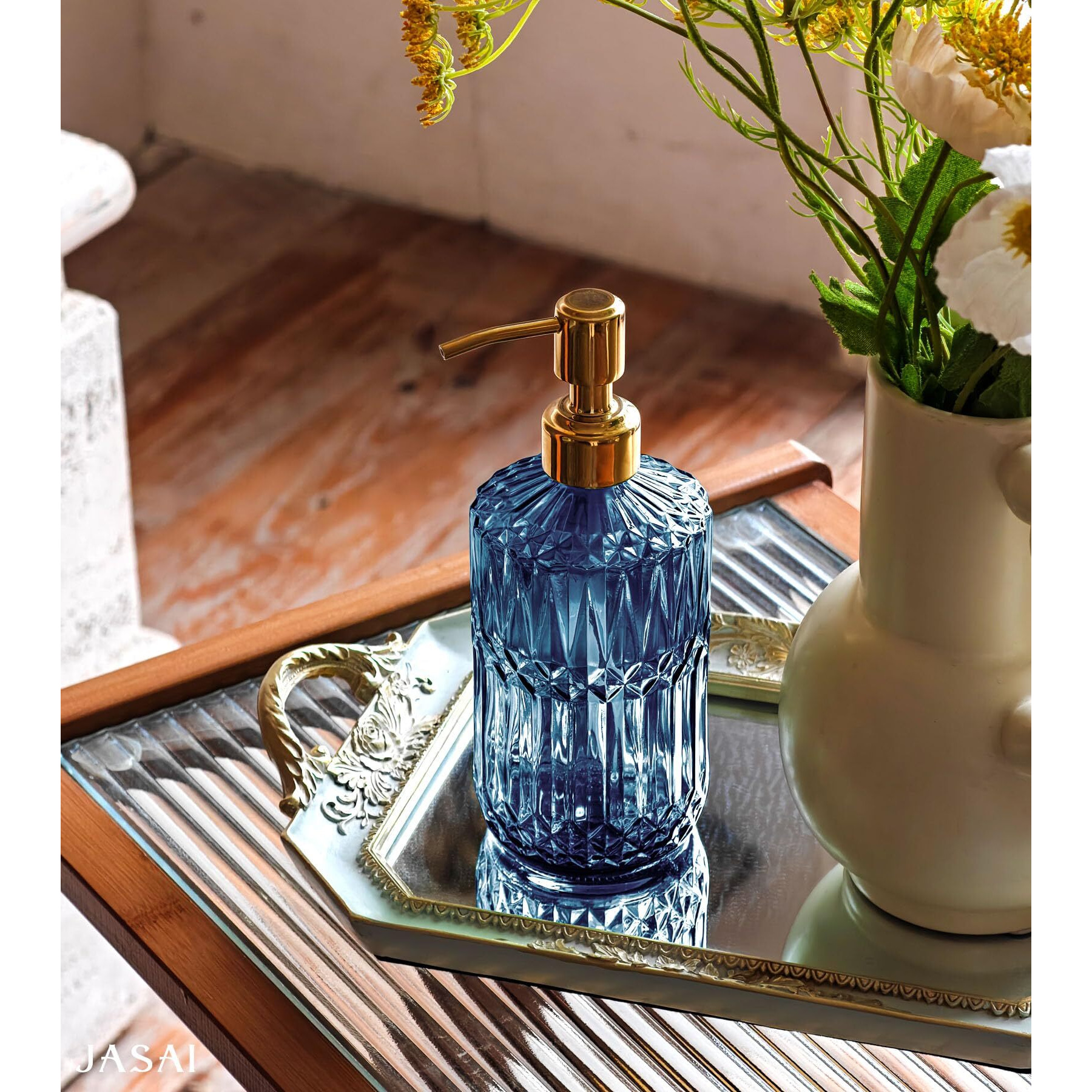 Jasai 18Oz Blue Glass Soap Dispenser With Golden Pump, Refillable Bathroom Soap Dispenser With Thick Glass, Clear Kitchen Soap Dispenser For Dish Soap, Hand Soap, Lotion.(Blue)