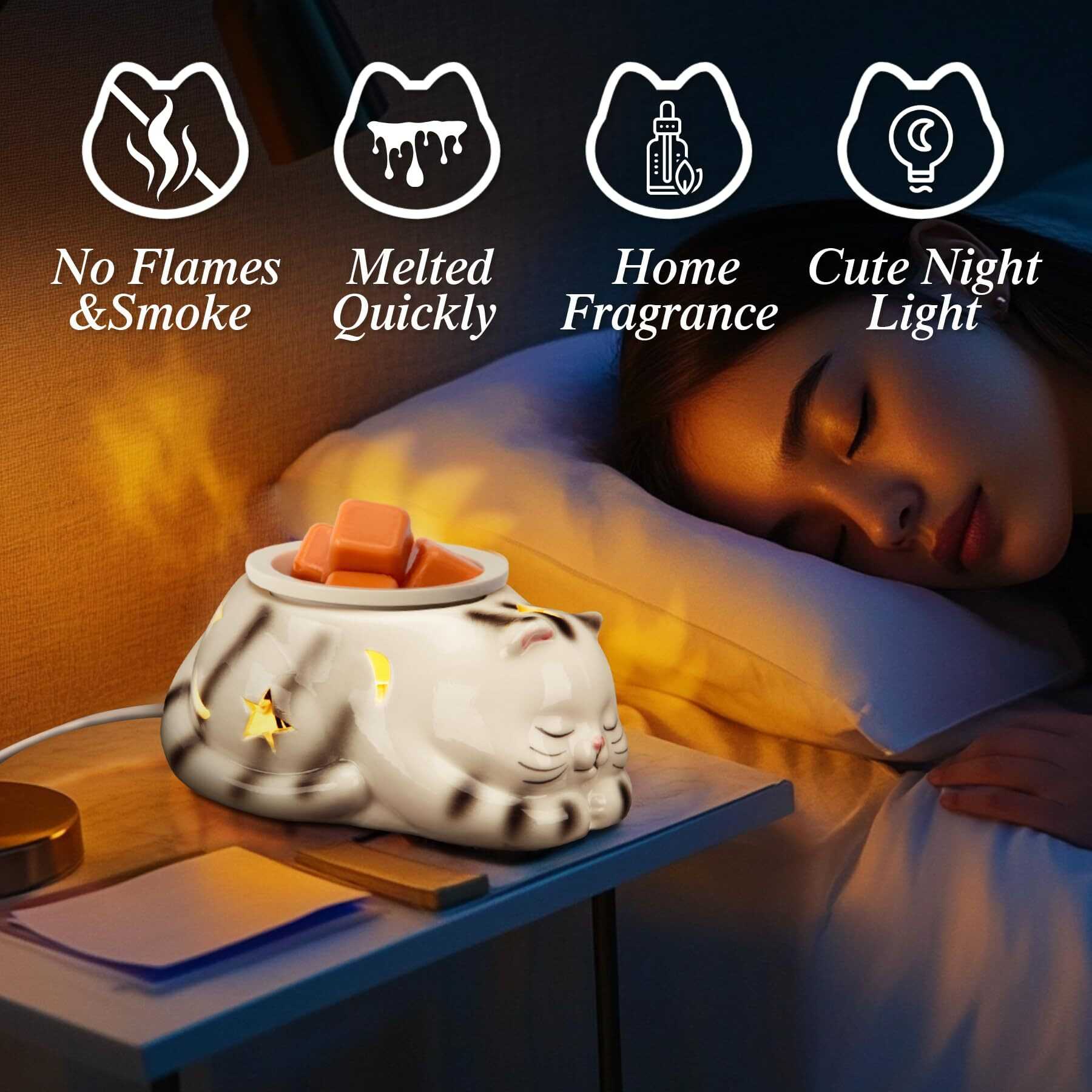 Leses Electric Wax Melt Warmer, Cat Ceramic Wax Melter For Scented Cubes, 4-In-1 Candle Burner Scentsy Fragrance Oil Warmer Bedroom Home Decor Gift For Mom Grandma