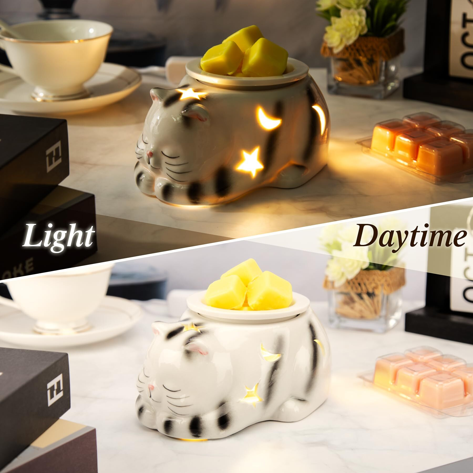 Leses Electric Wax Melt Warmer, Cat Ceramic Wax Melter For Scented Cubes, 4-In-1 Candle Burner Scentsy Fragrance Oil Warmer Bedroom Home Decor Gift For Mom Grandma