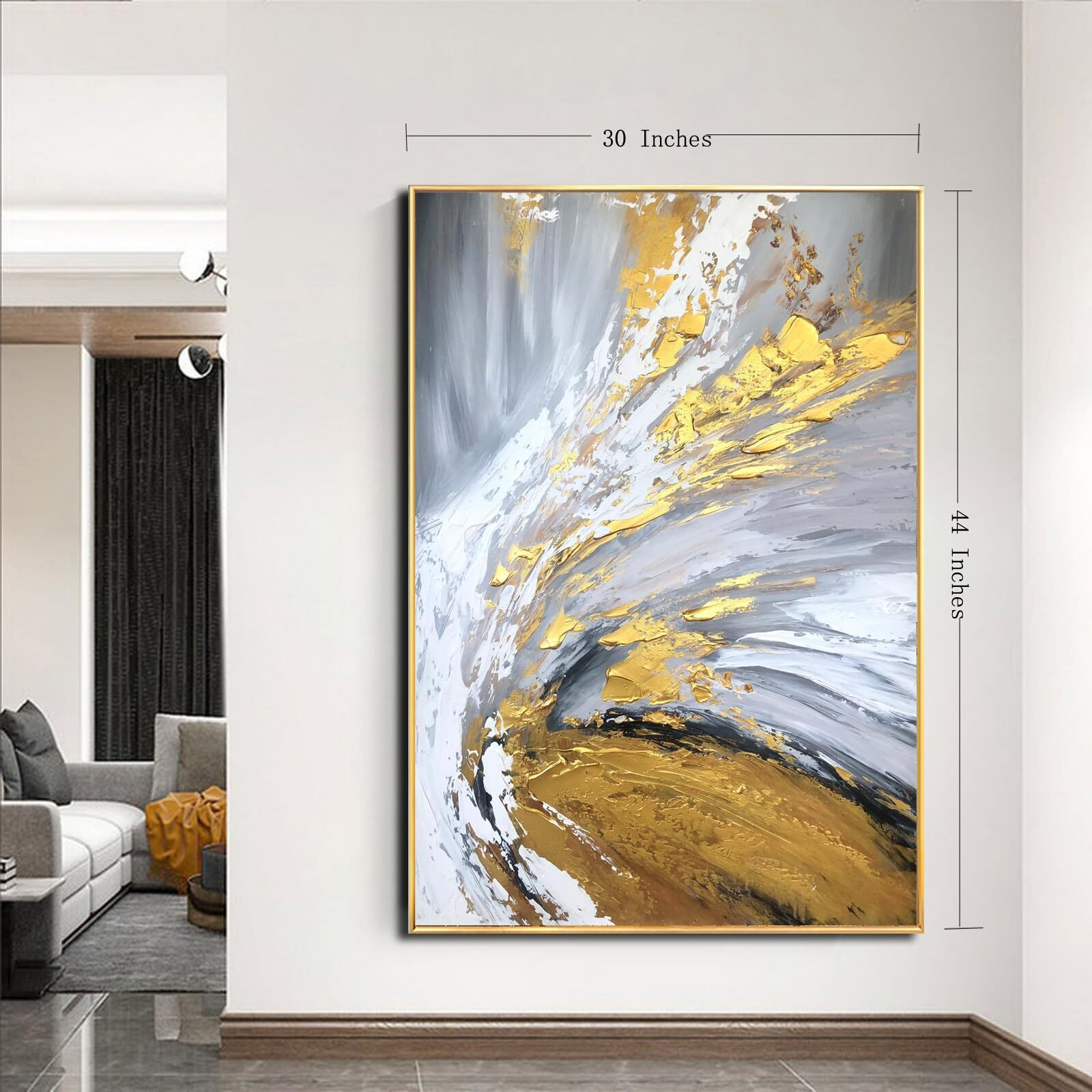 Framed Gold Oil Painting For Living Room,Hand Painted Abstract Canvas Wall Art For Bedroom,3D Modern Art Canvas Pictures Office Kitchen Home D  Cor 30X44 Inches