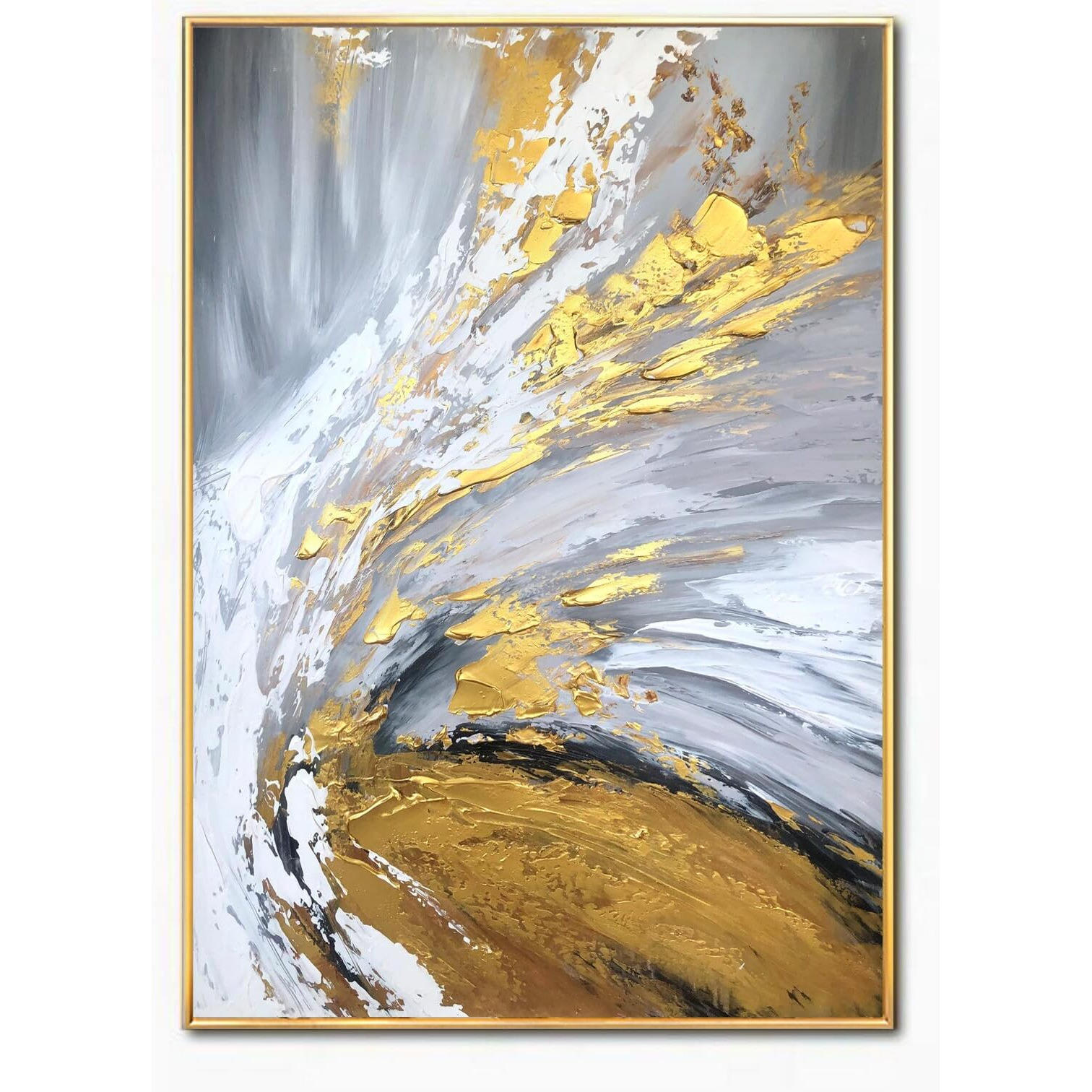 Framed Gold Oil Painting For Living Room,Hand Painted Abstract Canvas Wall Art For Bedroom,3D Modern Art Canvas Pictures Office Kitchen Home D  Cor 30X44 Inches