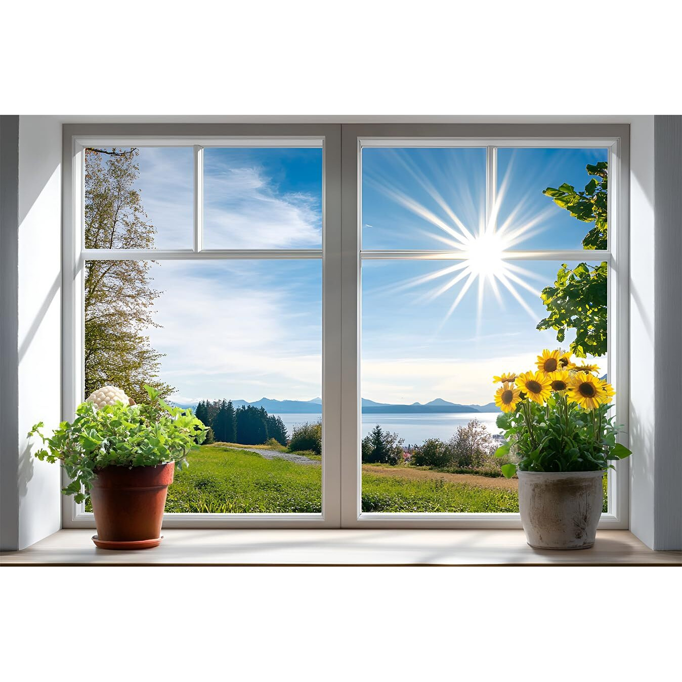 Woohooroo Peel And Stick Fake Window Flower Pots Sunshine Decoration Poster Picture Wall Sticker Decor Mural Wall Door Self-Adhesive Removable Decoration,24"" X 36""