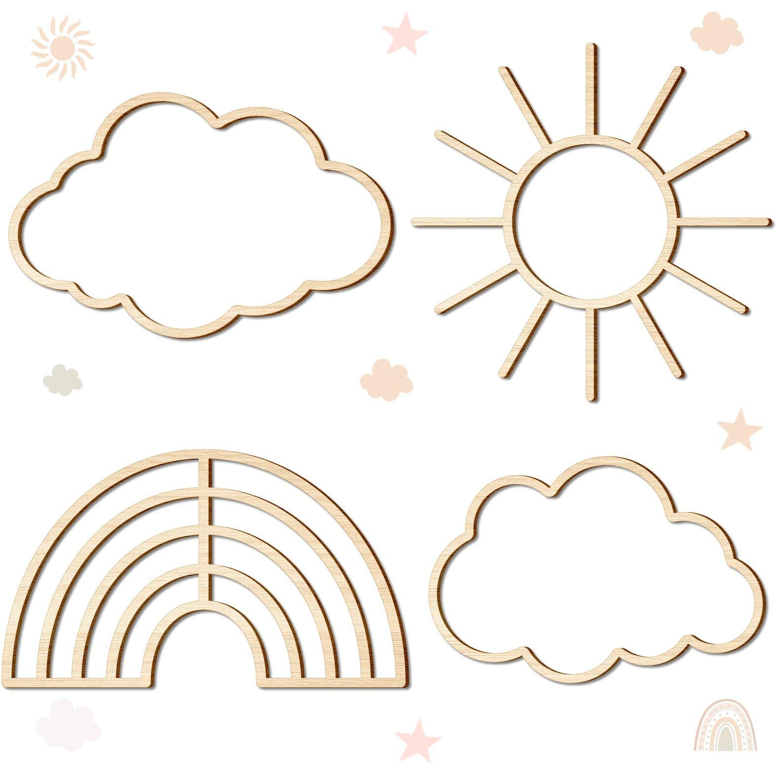 4 Pieces Boho Nursery Cloud Star Wall Decor Wooden Babyroom Moon Rattan Wall Decor Wooden Rainbow For Children Baby Kids Boys Girls Bedroom Nursery Pendant(Cloud Rainbow Sun)