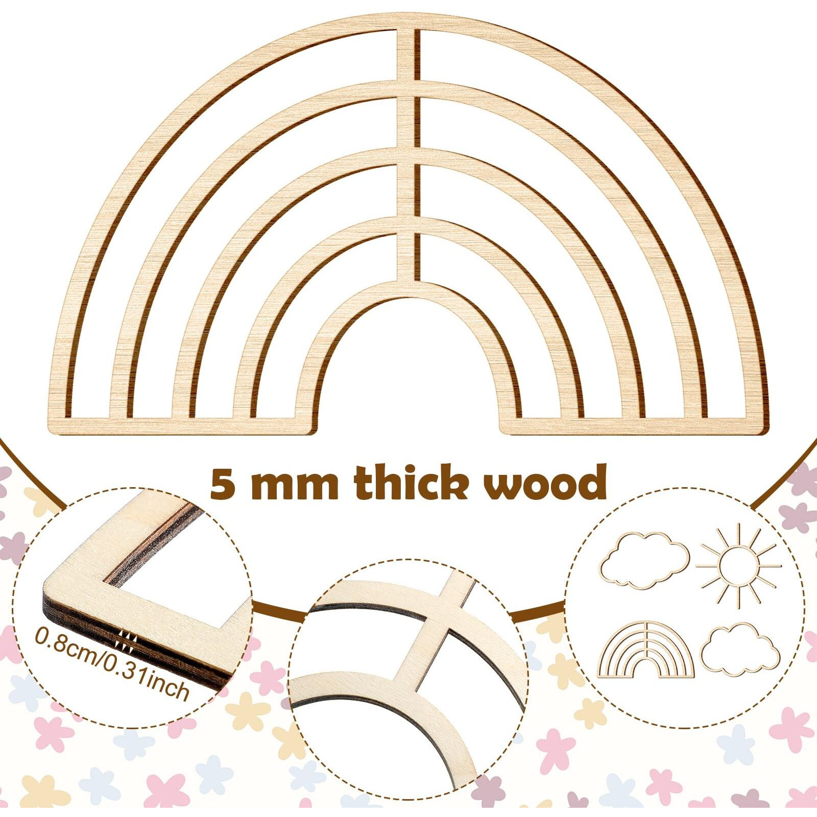 4 Pieces Boho Nursery Cloud Star Wall Decor Wooden Babyroom Moon Rattan Wall Decor Wooden Rainbow For Children Baby Kids Boys Girls Bedroom Nursery Pendant(Cloud Rainbow Sun)