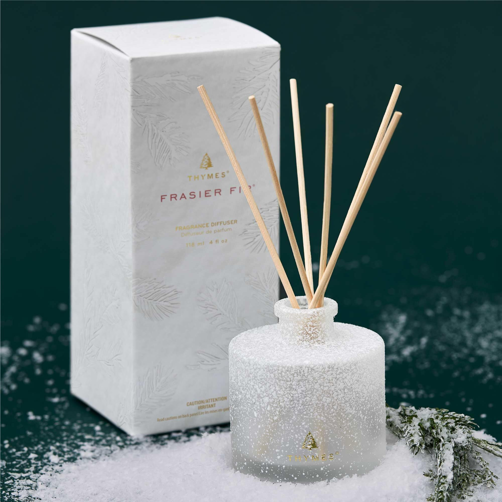 Thymes Frasier Fir Reed Diffuser Set - Includes Reeds, Fragrance Oil, And Frosted Glass Bottle - Fragrance Oil Diffuser - Room Fresheners - Luxury Home Decor - White (Flocked, 4 Fl Oz)