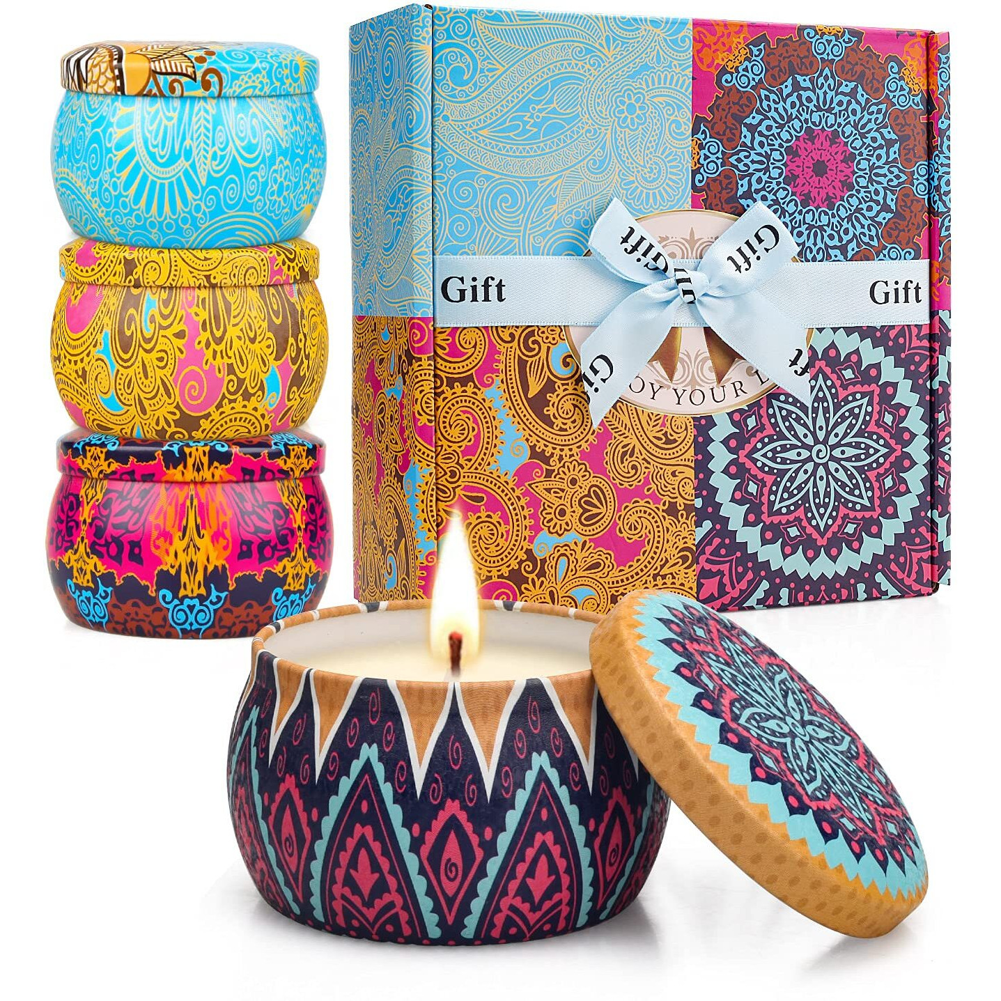 4 Pack Scented Candles Gifts Set For Women, 4.4 Oz Soy Wax Portable Travel & Home Tin Jar Candles With Essential Oils For Bath, Stress Relief, Yoga Aromatherapy Candles With Strong Fragrance