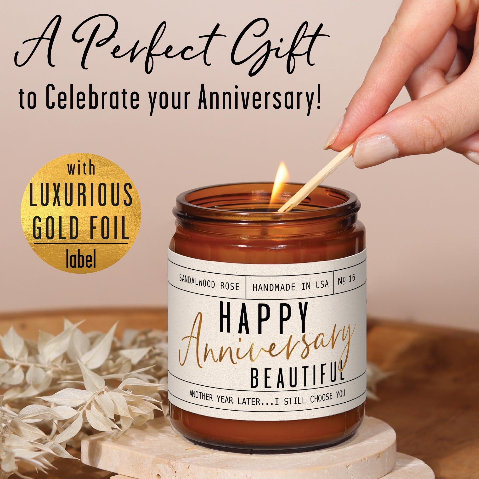 Anniversary Gifts For Women - 'Happy Anniversary Beautiful' Candle, W/Sandalwood Rose - Infused W/Essential Oils I Happy Anniversary Gifts For Her I Anniversary Gifts For Wife I 50Hr Burn, Usa Made
