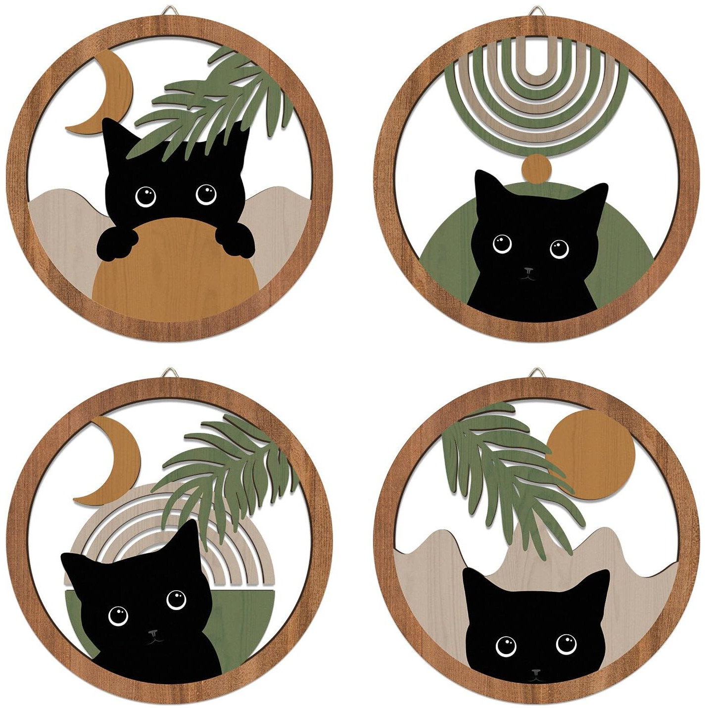 Hpniub Boho Black Cat Wall Decor, Farmhouse Geometric Hanging Wooden Wall Art, 4 Pieces 10''X10'' Mid Century Bohemian Abstract Moon And Sun Wood Sign For Nursery Bedroom Decoration, Lovely Cat Gifts