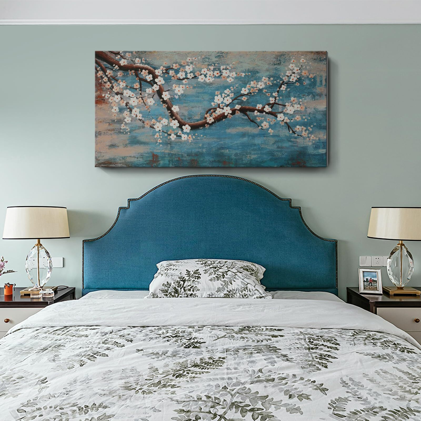 Large Canvas Wall Art For Living Room- 100% Hand-Painted Oil Painting With Texture, Extra Large Gallery Wrapped Floral Plum Blossom Tree Artwork Blue Teal Lake Wall Picture For Bedroom, Office Decor