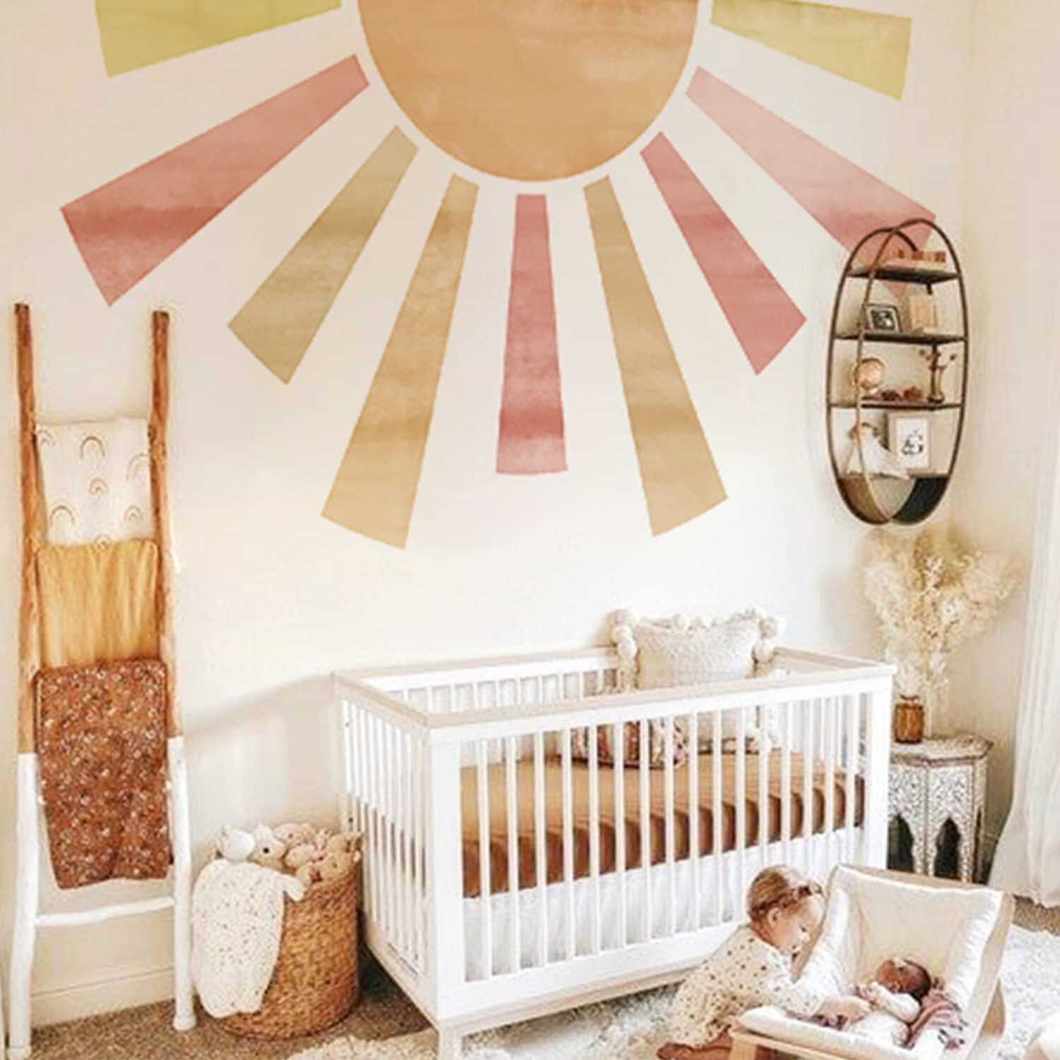 Astrkiz Large Fabric Watercolor Boho Half Sun Wall Decals Peel And Stick, Pastel Sunrise Wall Murals Stickers, Sunshine Wall Art Decor For Kids Room Playroom Nursery Bedroom, 94.49"" X 57.48""