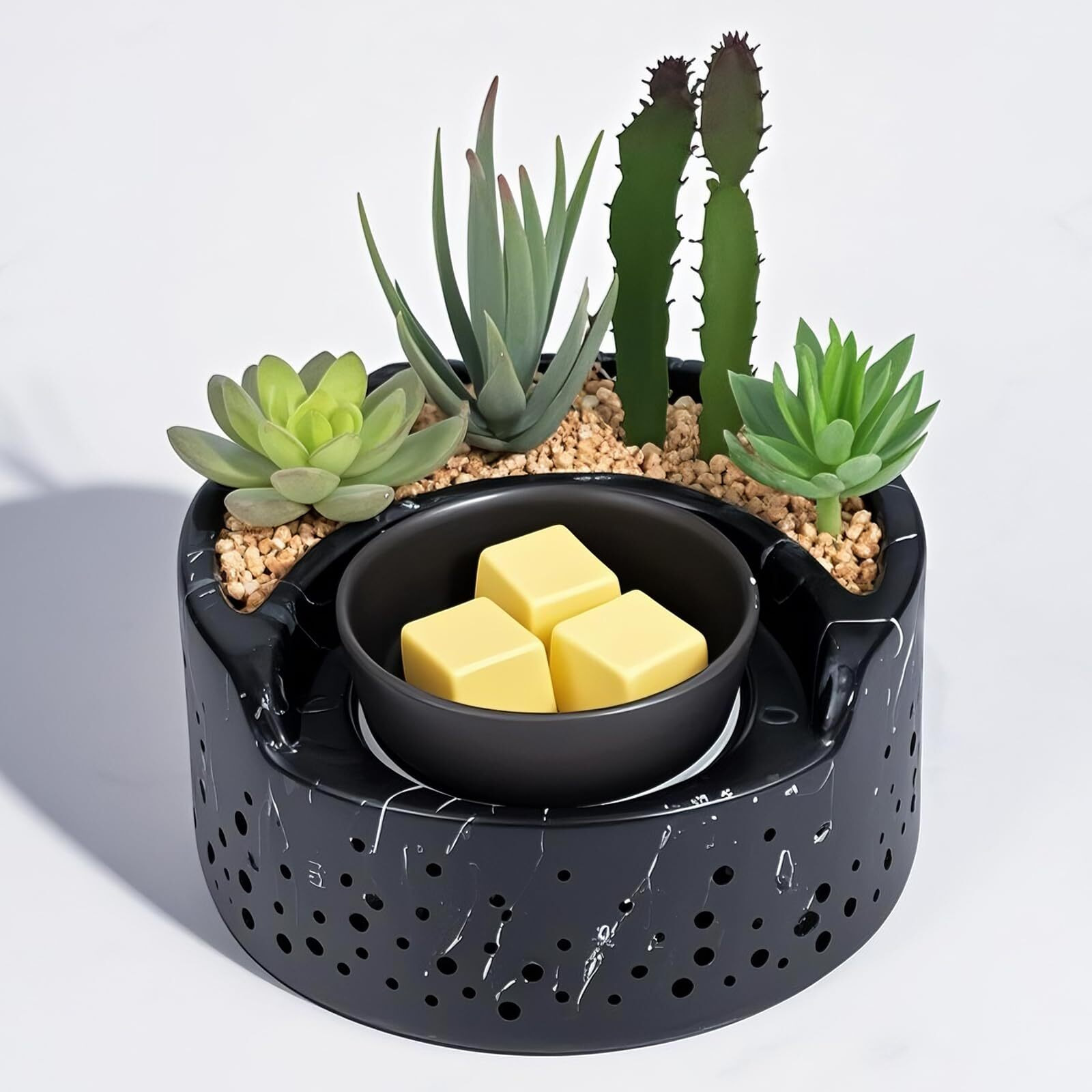 Waxarapy Ceramic Wax Melt Warmer 4-In-1, Flameless Ptc Heating With 7-Colors Led Changing Light, Electric Essential Oil Diffuser, Yoga Room/Home Decor Wax Melter Black Succulent Design