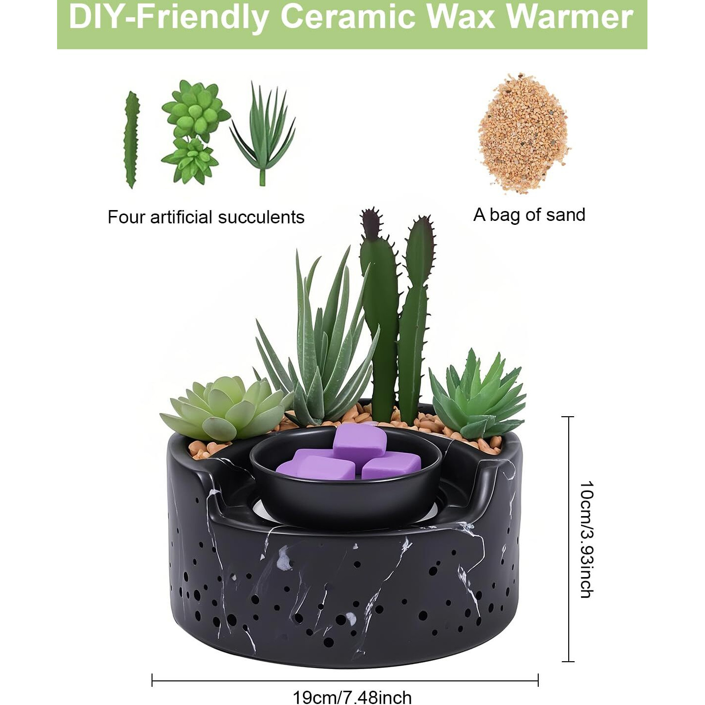 Waxarapy Ceramic Wax Melt Warmer 4-In-1, Flameless Ptc Heating With 7-Colors Led Changing Light, Electric Essential Oil Diffuser, Yoga Room/Home Decor Wax Melter Black Succulent Design