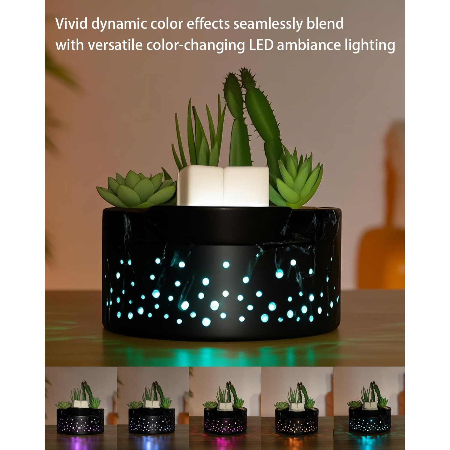 Waxarapy Ceramic Wax Melt Warmer 4-In-1, Flameless Ptc Heating With 7-Colors Led Changing Light, Electric Essential Oil Diffuser, Yoga Room/Home Decor Wax Melter Black Succulent Design