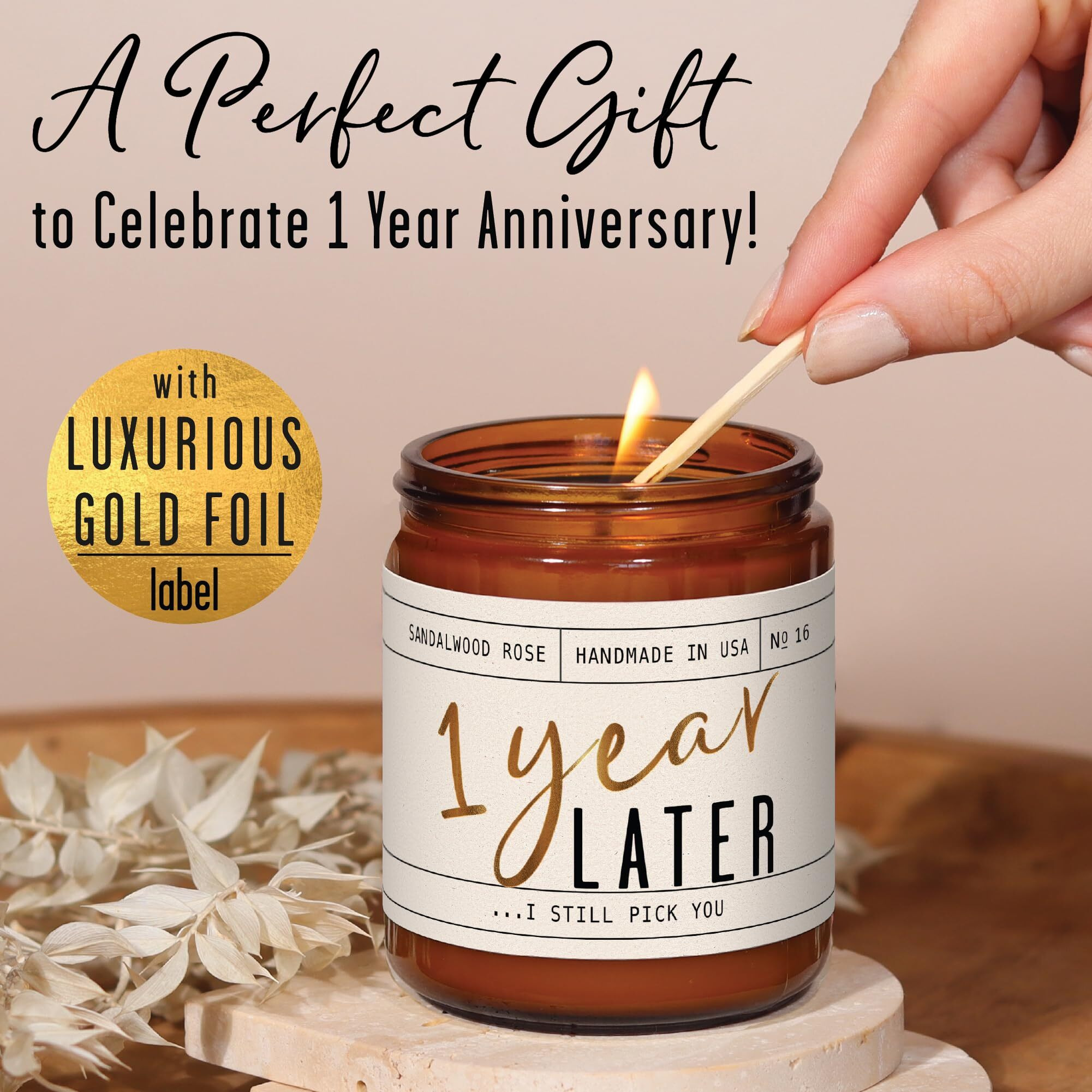 1 Year Anniversary Gifts For Girlfriend Or Wife - '1 Year Later' Candle, W/Sandalwood Rose - Infused W/Essential Oils I 1St Anniversary Gift I One Year Anniversary Gifts For Her I 50Hr Burn, Usa Made
