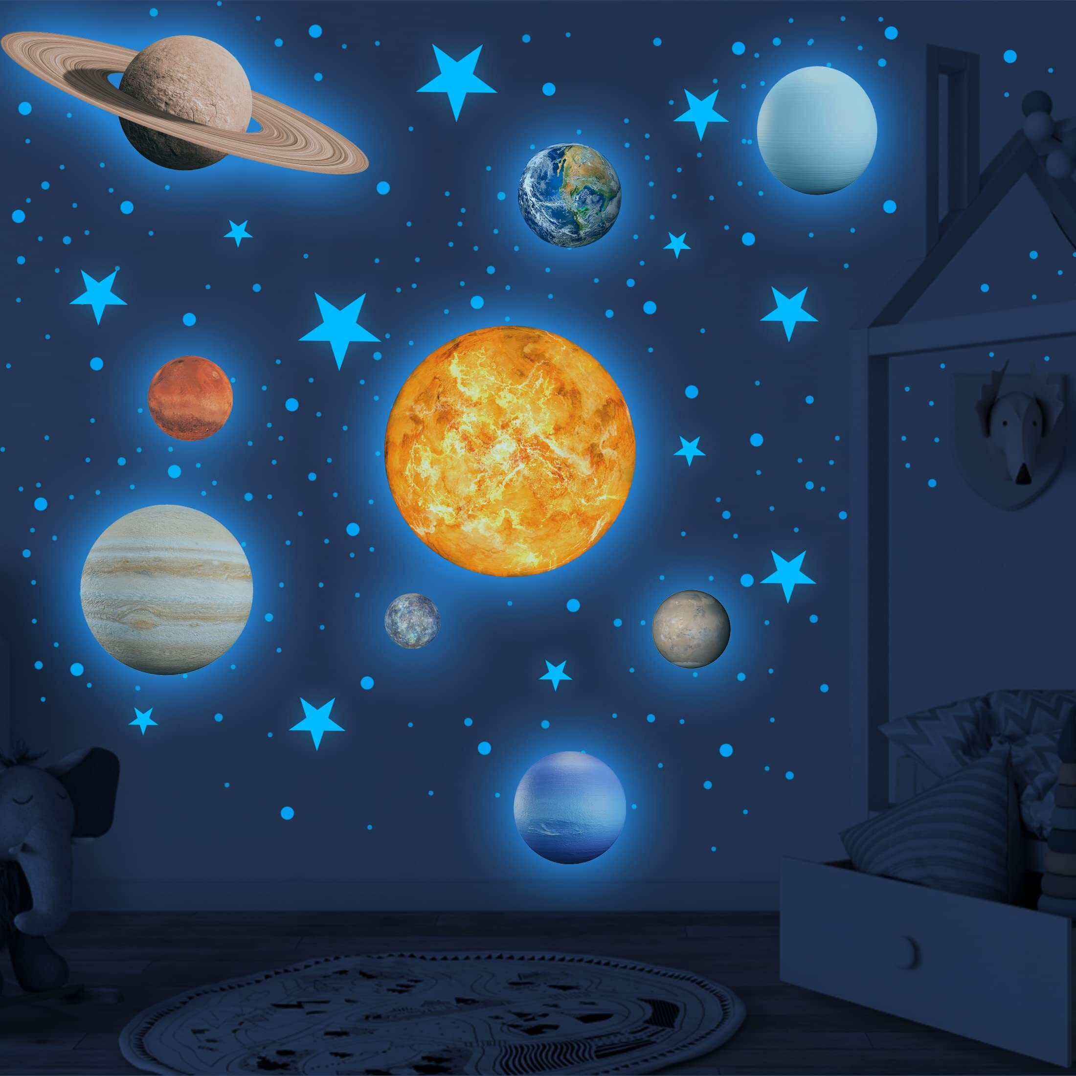 Glow In The Dark Stars Solar System Wall Stickers, Sun And 8 Major Planets Wall Decals For Bedroom, Baby Nursery Decoration For Ceiling (Blue)
