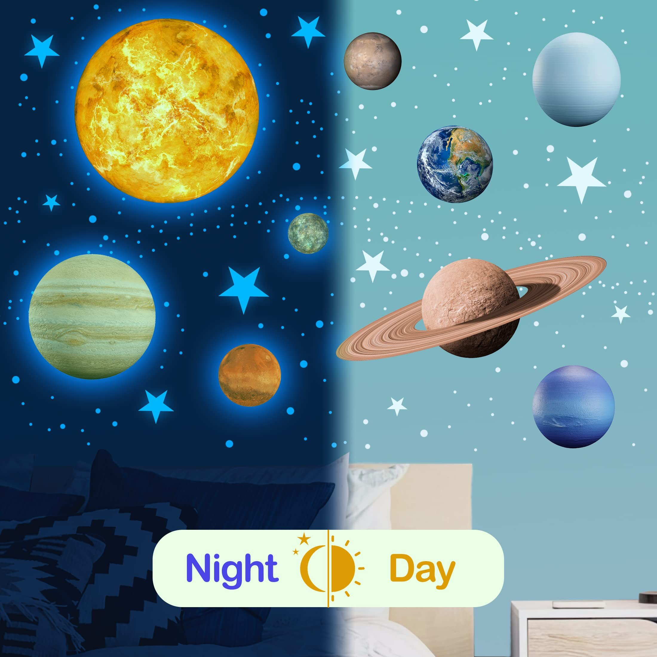 Glow In The Dark Stars Solar System Wall Stickers, Sun And 8 Major Planets Wall Decals For Bedroom, Baby Nursery Decoration For Ceiling (Blue)