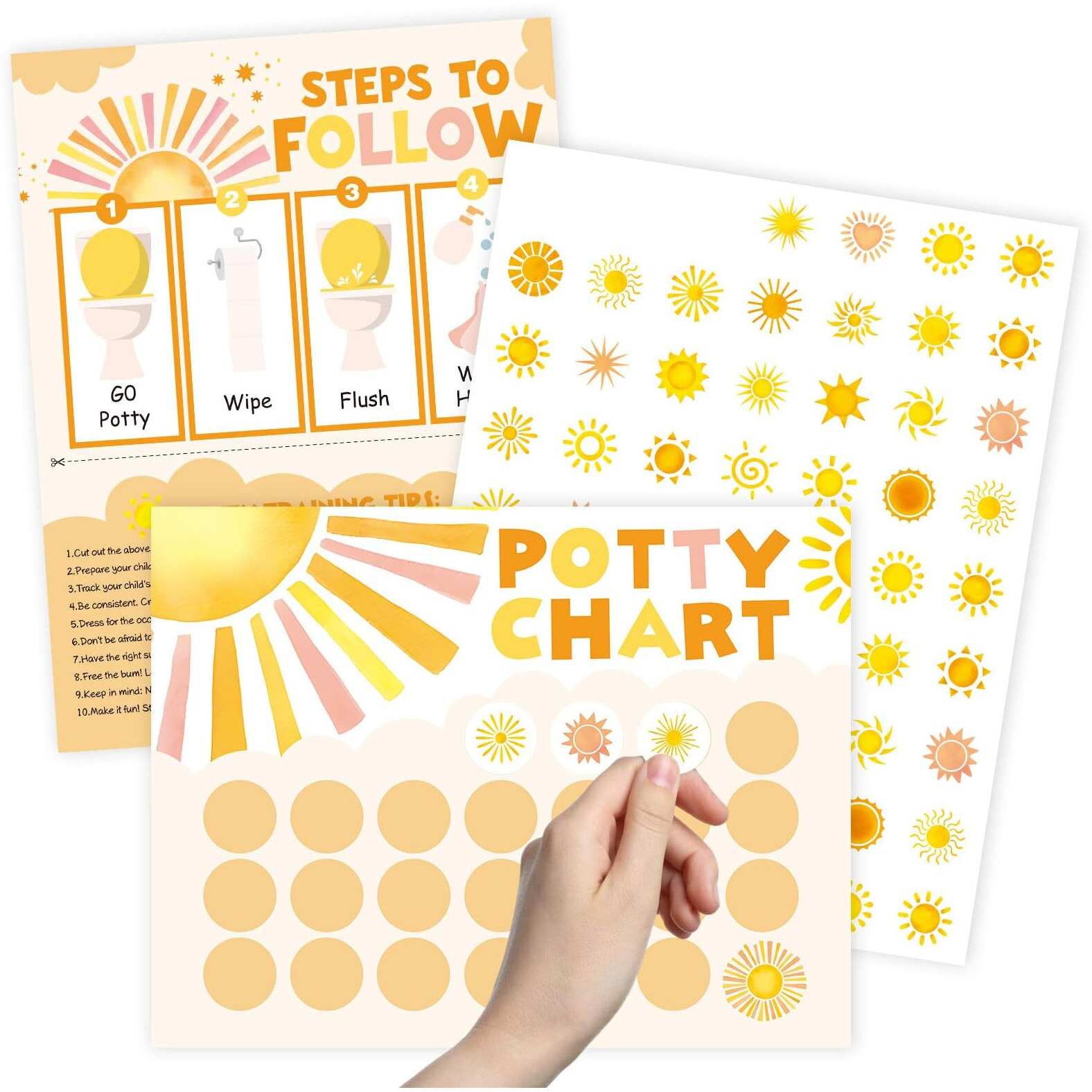 Fysuimu Boho Potty Training Chart For Toddler Kids, 10 Potty Charts With 4 Sheets Sun Potty Reward Stickers & 1 Instruction Sheet, Cute Potty Sticker Chart For Girl Boy Bedroom Bathroom Wall Door