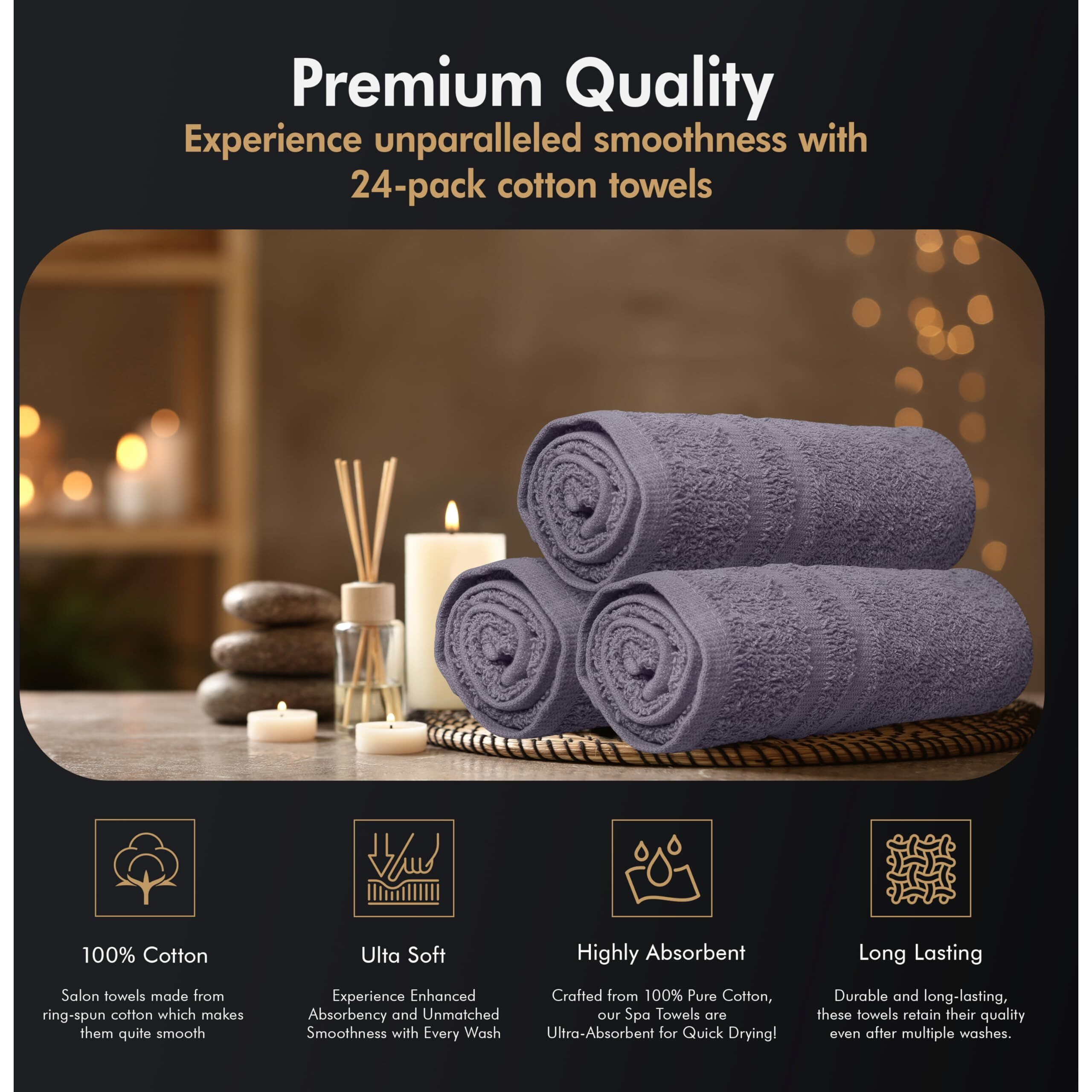 Oakias 100% Cotton Salon Towels 24 Pack Lavender - 16 X 27 Inches (Not Bleach Proof) Ring Spun Cotton Bulk Hand Towels - Highly Absorbent Quick Dry Facial, Hair, Spa, Gym Salon Towels