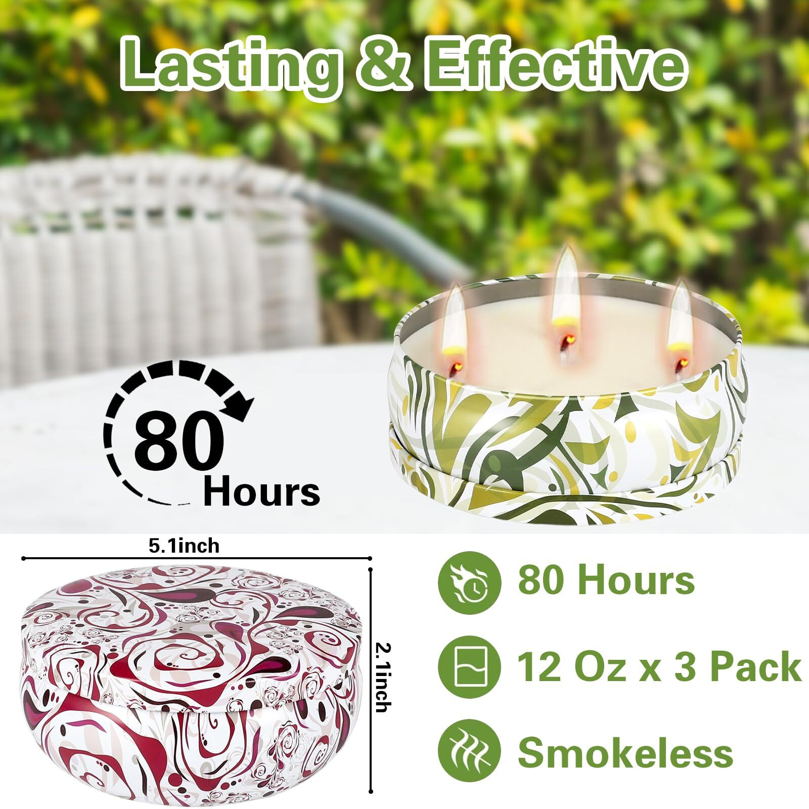 Citronella Candle Outdoor, Large 3-Wick Citronella Candles For Patio, Garden, Camping, Indoor Outside Decorative, Natural Soy Wax With Citronella Oil, 240 Hour Burn Time, 36Oz, 3-Pack